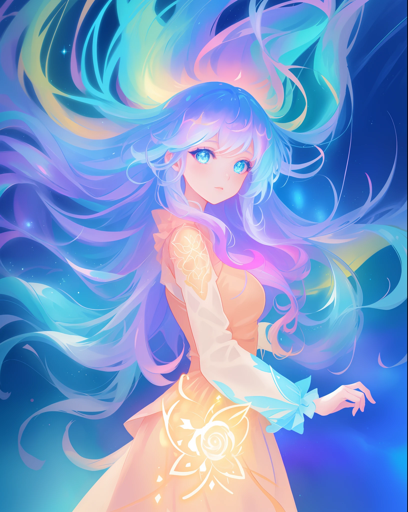 beautiful anime girl in multi-layered ballgown with puffy long sleeves, vibrant pastel colors, (colorful), magical lights, colorful long hair made of liquid light, sparkling lines of light, inspired by Glen Keane, inspired by Lois van Baarle, disney art style, by Lois van Baarle, glowing aura around her, by Glen Keane, jen bartel, glowing lights! digital painting, flowing glowing hair, glowing flowing hair, beautiful digital illustration, fantasia background, whimsical, magical, fantasy, beautiful face, ((masterpiece, best quality)), intricate details, highly detailed, sharp focus, 8k resolution, sparkling detailed eyes, liquid watercolor