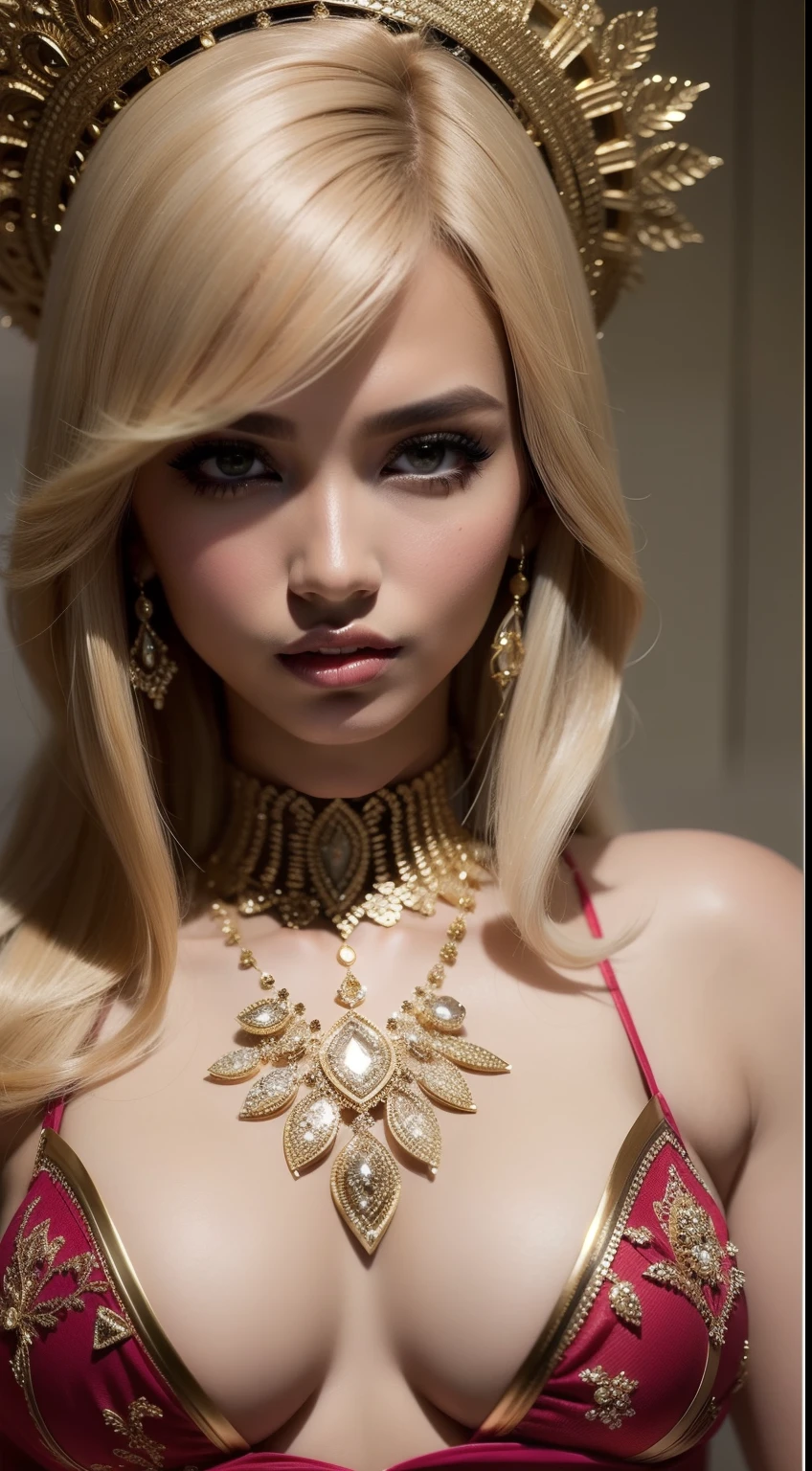 Design a sultry and glamorous portrait where the Malay woman exudes confidence and allure in a sensual outfit, long blonde hair, bob haircut with bangs, using dramatic lighting and poses to create a stunning and seductive atmosphere