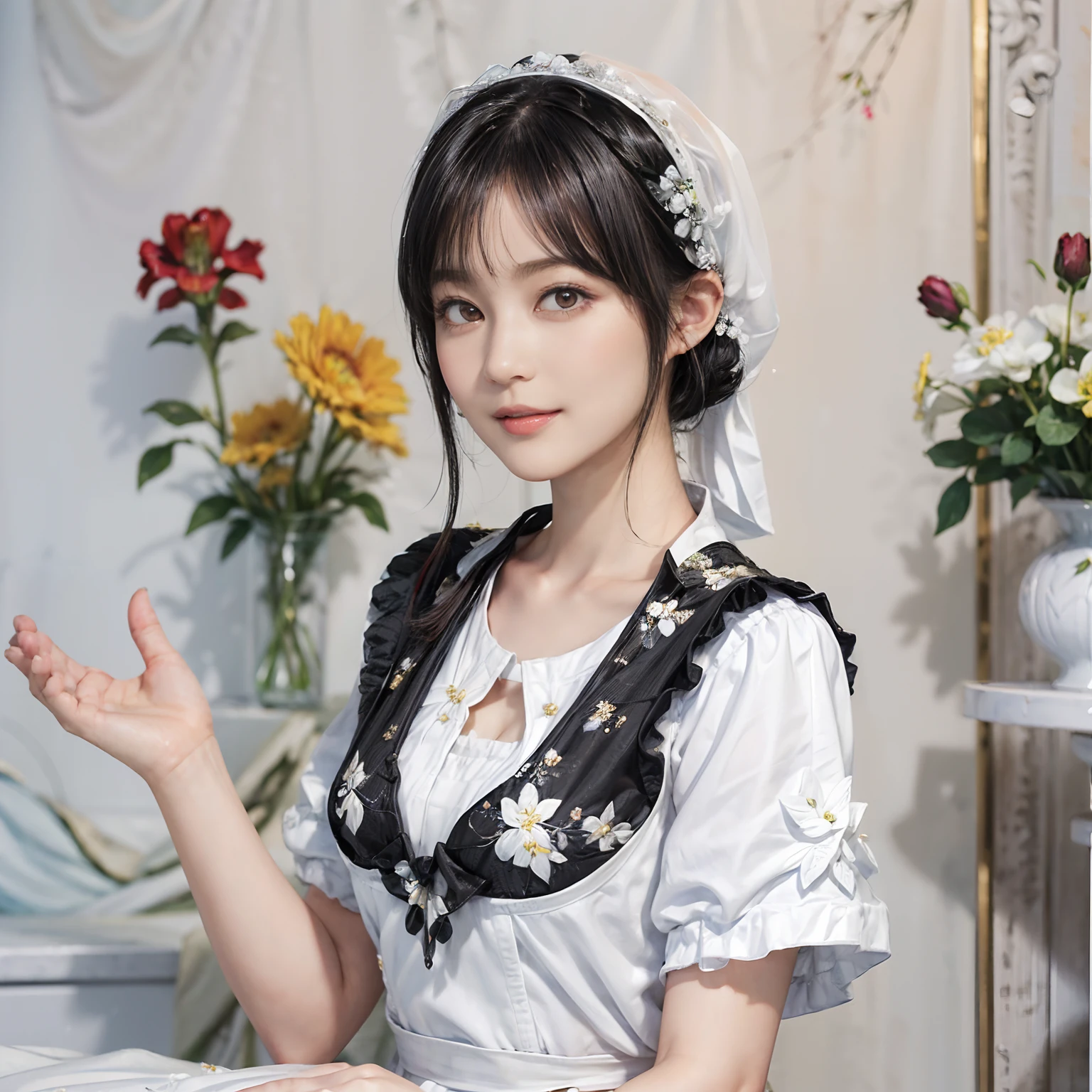 ((Best Quality))), (8K picture quality), ((masutepiece)), (Very sophisticated、Beautiful fece), (wearing dresses) , (1womanl), (Black Shorthair), Dress up, with floral pattern, Soft silk fabric, 电影灯光, Gentle expression, A slight smil, Luxurious interior