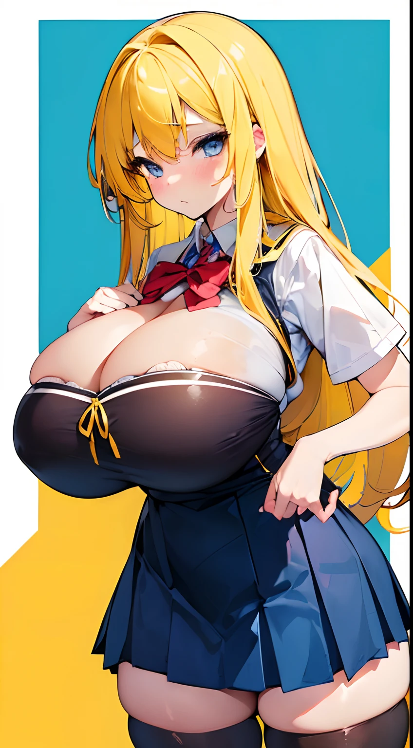 ((Sexual turn, Loli with gigantic breasts and gigantic bust and loli)), ((Best quality:1.5)),Blue eyes,((Yellow hair and gigantic tits and black stockings and school uniform))15 years old