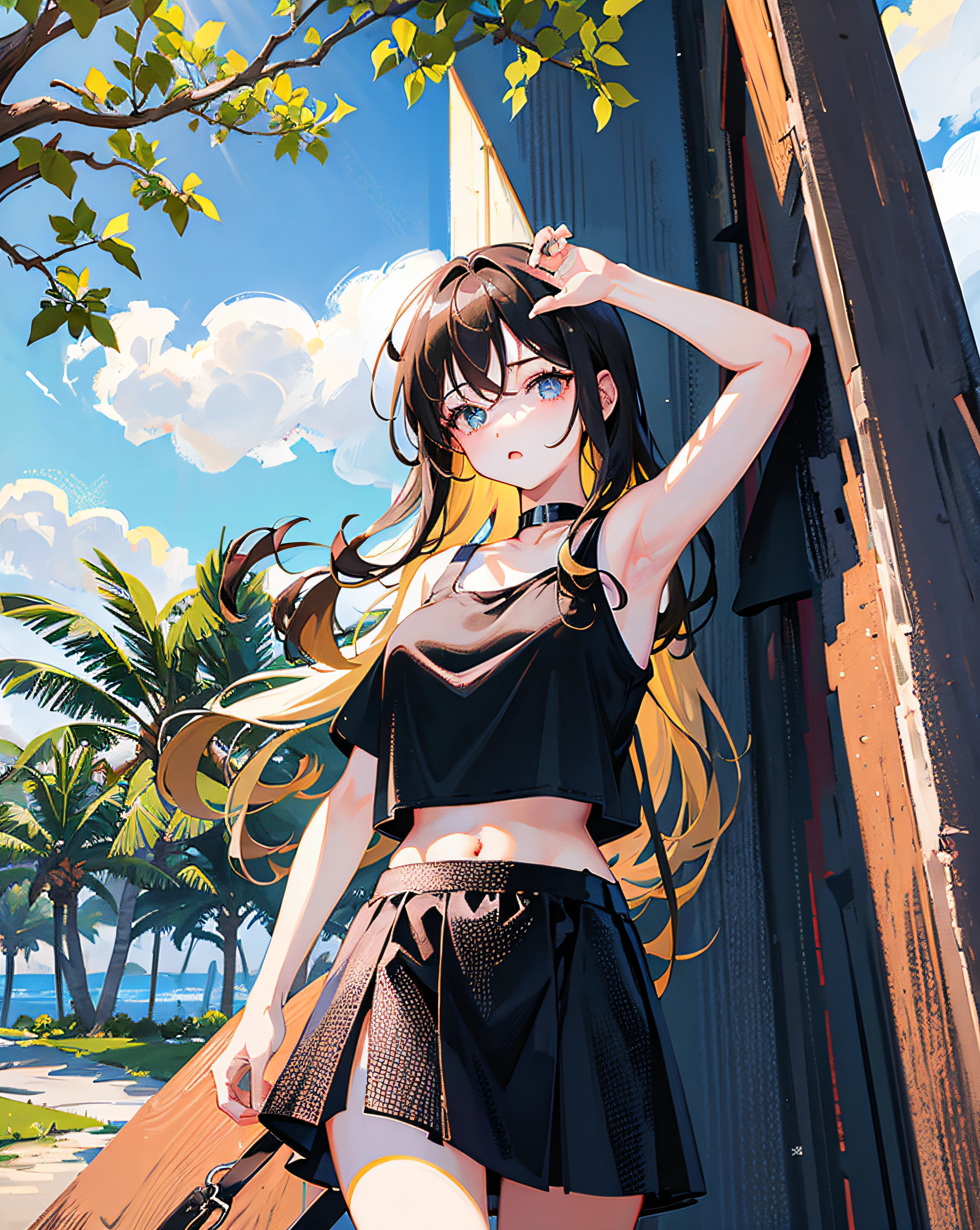 (Realistic painting style:1.0), Masterpiece, Best quality, absurderes, comic strip, illustration,
1 girl, Long hair, Cute girl, young and cute girl, Korean girl, {Breasts}, Hana,
A girl in a black dress sits on a rock next to a tree, wearing sexy cropped top, wearing crop top and miniskirt, Black top, wearing a black cropped tank top, Black skirt, a black choker,
Blonde, Blonde hair, blond hairbl,