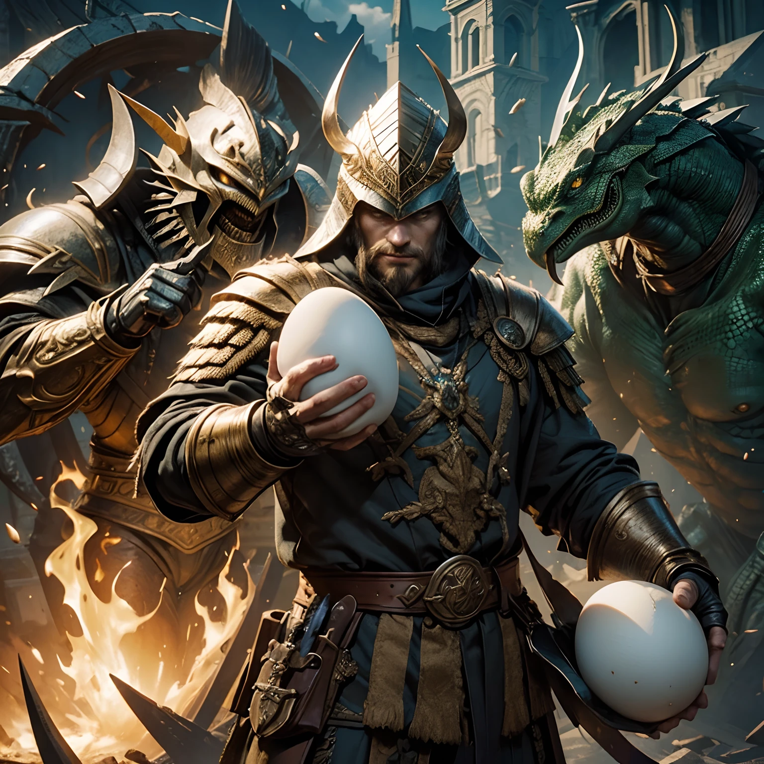 (Vesnetsov's style), (2 Slavic Warriors, ,( Holding a huge egg in his hands)), ( lizardman, Sandwiched between the balls), (Kolchugv, Pointy Helmet)