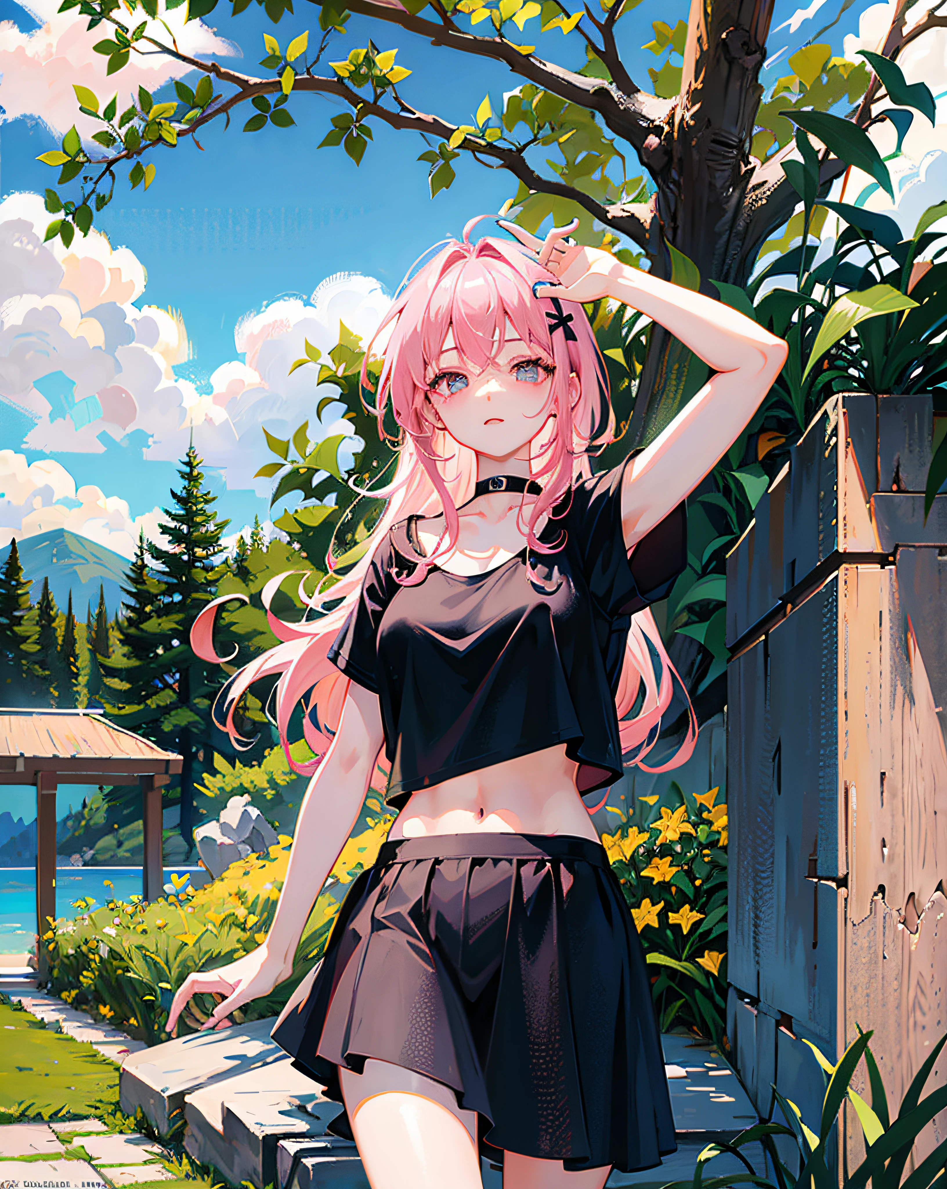 (Realistic painting style:1.0), Masterpiece, Best quality, absurderes, comic strip, illustration,
1 girl, Long hair, Cute girl, young and cute girl, Korean girl, {Breasts}, Hana, 
A girl in a black dress sits on a rock next to a tree, wearing sexy cropped top, wearing crop top and miniskirt, Black top, wearing a black cropped tank top, Black skirt, a black choker, 
Pink hair, Pink hair, with pink hair, with pink hair,