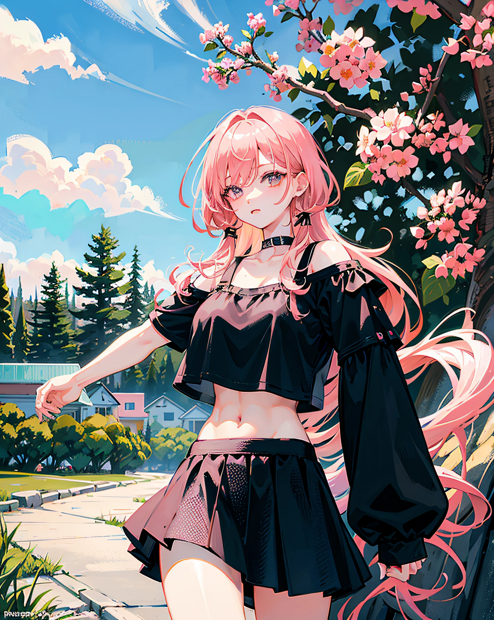(Realistic painting style:1.0), Masterpiece, Best quality, absurderes, comic strip, illustration,
1 girl, Long hair, Cute girl, young and cute girl, Korean girl, {Breasts}, Hana,
A girl in a black dress sits on a rock next to a tree, wearing sexy cropped top, wearing crop top and miniskirt, Black top, wearing a black cropped tank top, Black skirt, a black choker,
Pink hair, Pink hair, with pink hair, with pink hair,