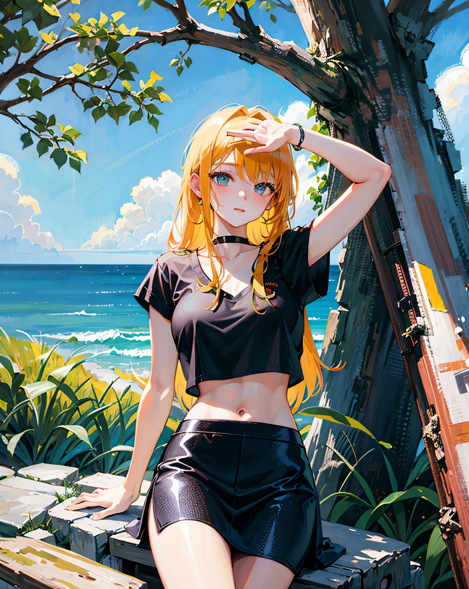 (Realistic painting style:1.0), Masterpiece, Best quality, absurderes, comic ?????, illustration,
1 girl, long hair, cute girl, young and cute girl, Korean girl, {Breasts}, hana, 
a girl sitting on a rock near a tree in a black dress, wearing a sexy cropped top, wearing crop top and miniskirt, black top, wearing a black cropped tank top, black skirt, a black chocker,