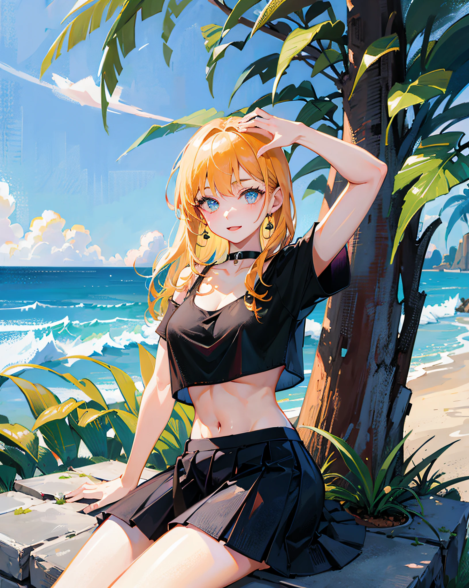 (Realistic painting style:1.0), Masterpiece, Best quality, absurderes, comic strip, illustration,
1 girl, long hair, cute girl, young and cute girl, Korean girl, {Breasts}, hana,
a girl sitting on a rock near a tree in a black dress, wearing a sexy cropped top, wearing crop top and miniskirt, black top, wearing a black cropped tank top, black skirt, a black chocker,