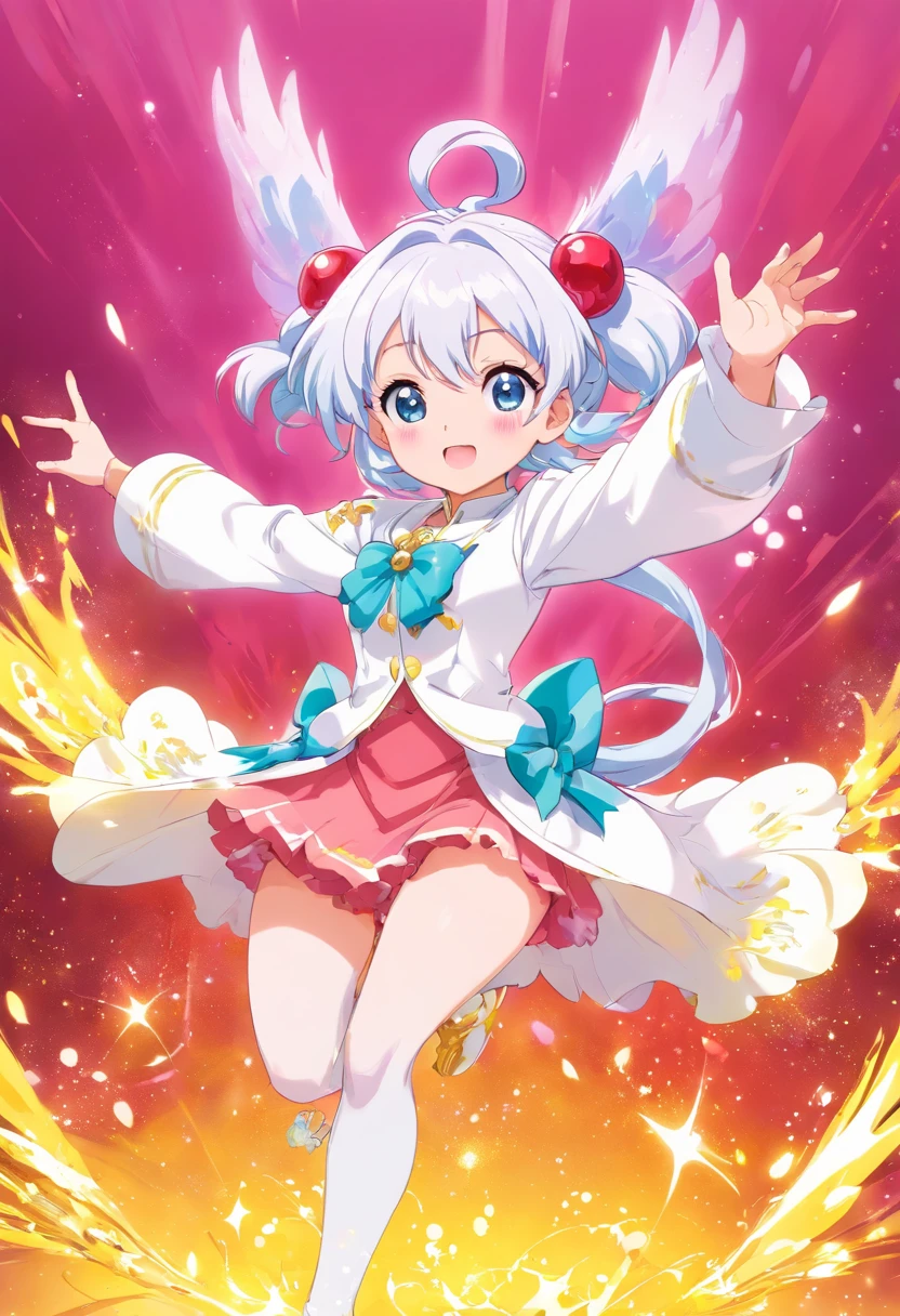 pekora1, rabbit-shaped pupils, (flat color:1.0), blue hair, rabbit ears, pantyhose, white dress, smile, braid, black gloves, upper body, open arms, full body