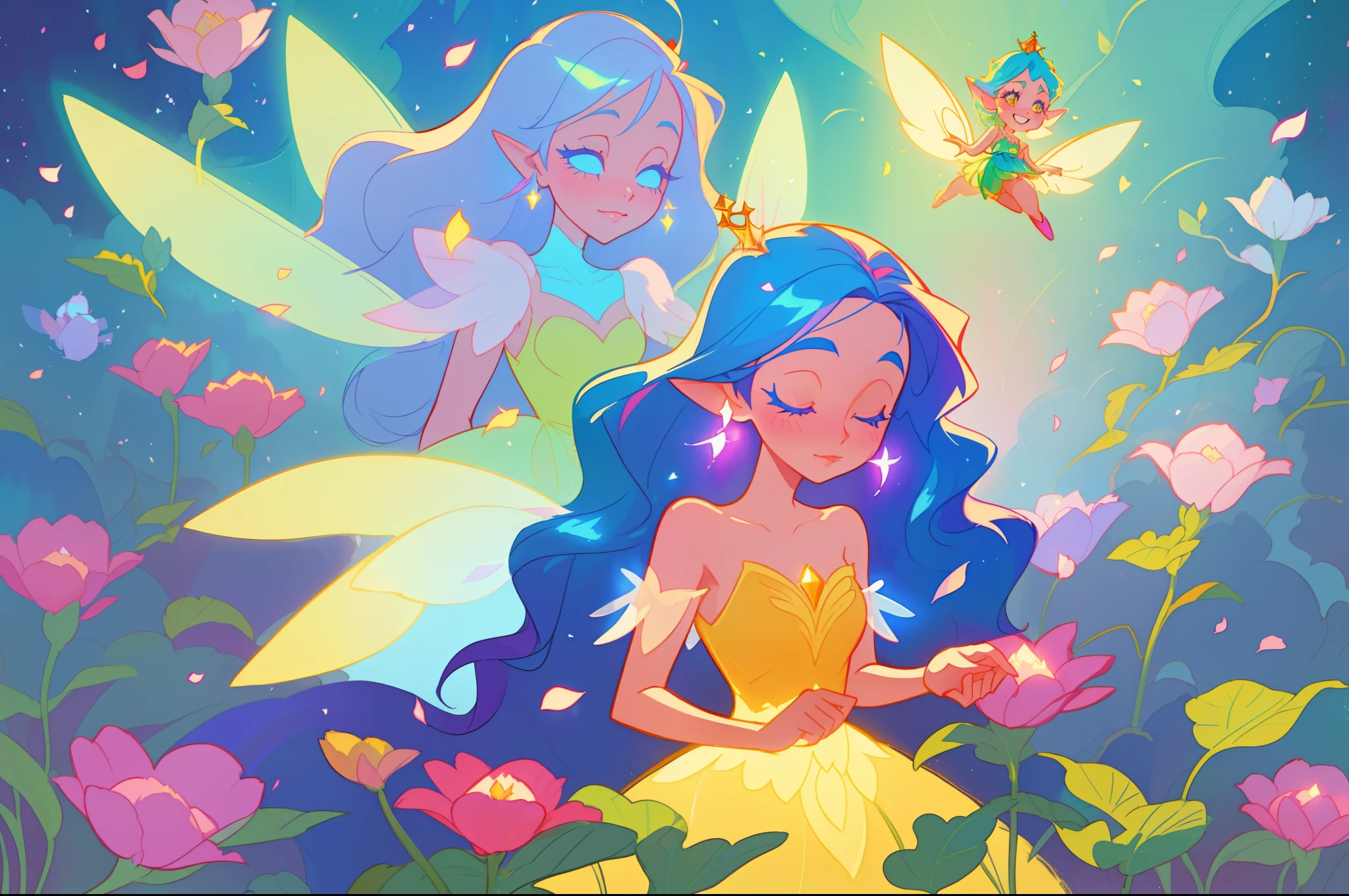 beautiful girl in fairy dress made of flower petals, ((beautiful fairy queen surrounded by 20 colorful tiny pixies and fairies)), multiple tiny fairies, (glowing fairy wings), glowing flowing ballgown, long wavy hair, sparkling fairy wings, watercolor illustration, flowers and colorful plants, inspired by Glen Keane, inspired by Lois van Baarle, disney art style, by Lois van Baarle, glowing aura around her, by Glen Keane, jen bartel, glowing lights! digital painting, flowing glowing hair, glowing flowing hair, beautiful digital illustration, fantasia otherworldly landscape plants flowers, beautiful, masterpiece, best quality, anime disney style