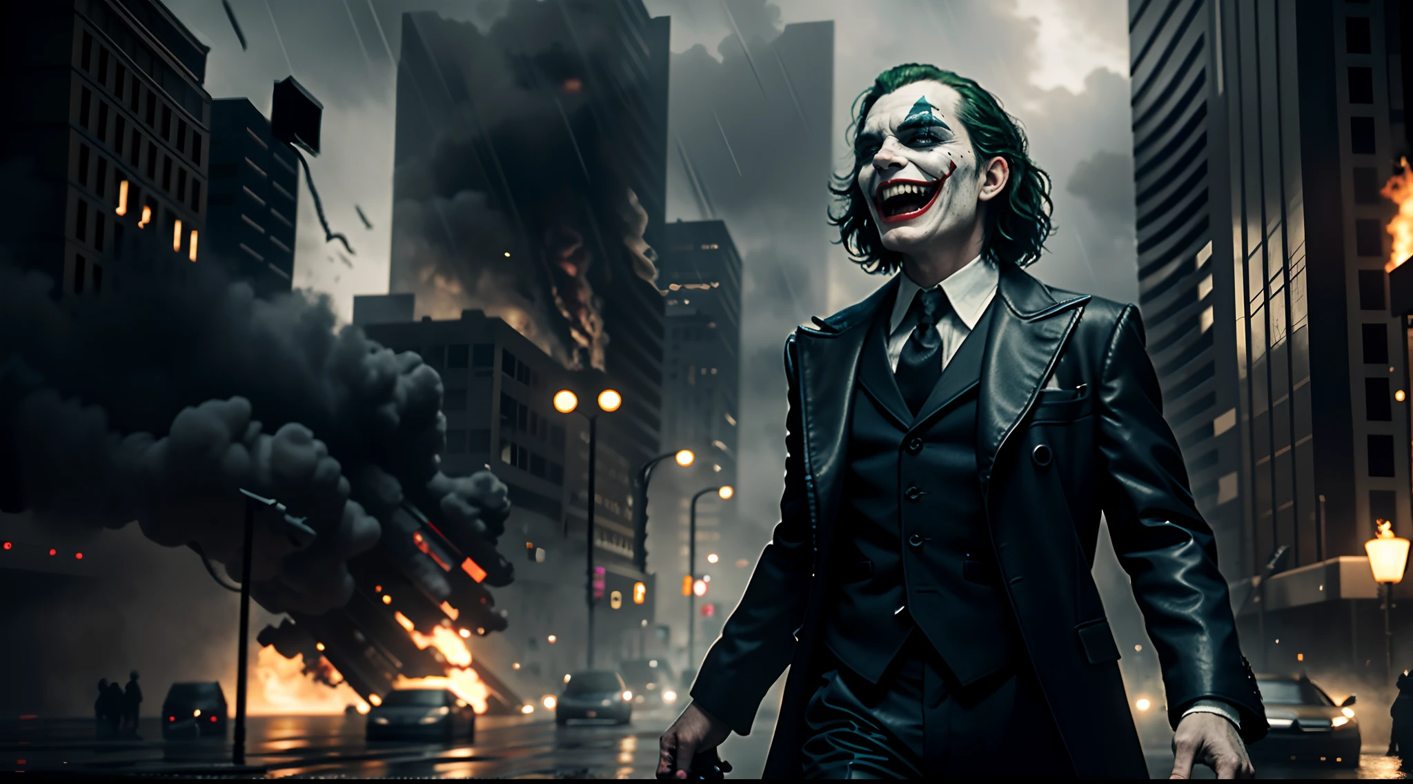 masterpiece, best quality, realistic,dynamic shot of Joker,laughing,crazy,evil smile,upper body DC universe cinematic, detailed face, 8k, uhd, sharp focus,Gotham City background,ruined city,Explosion everywhere,watfire everywhere,rain,fierce wind,Dust falling