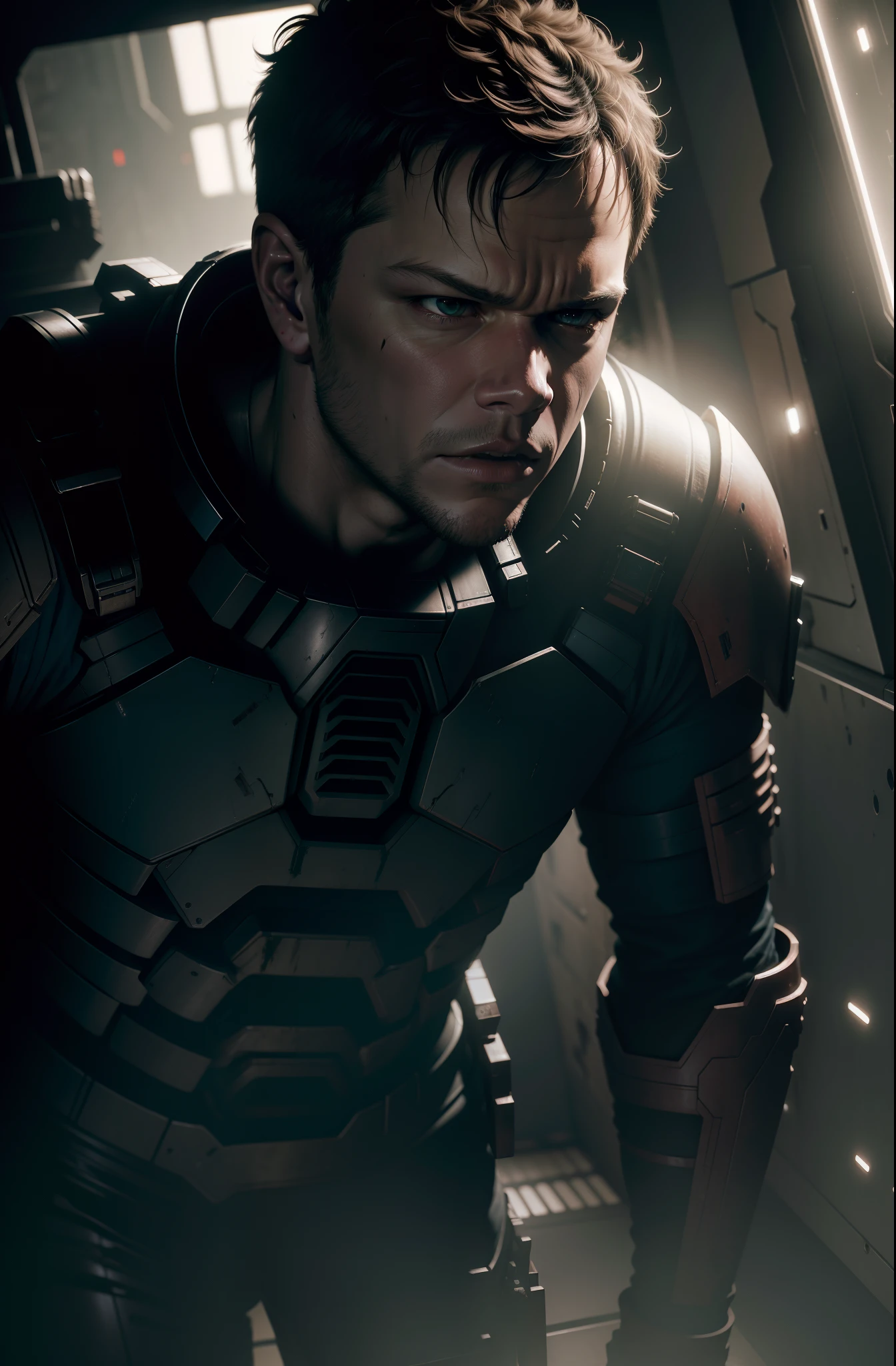 Sci Fi Horror Dead Space Matt Damon on Ishimura Haunted sci fi Ship photography, natural light, photorealism, cinematic rendering, ray tracing, the highest quality, the highest detail, Cinematic, Third-Person View, Blur Effect, Long Exposure, 8K, Ultra-HD, Natural Lighting, Moody Lighting, Cinematic Lighting
