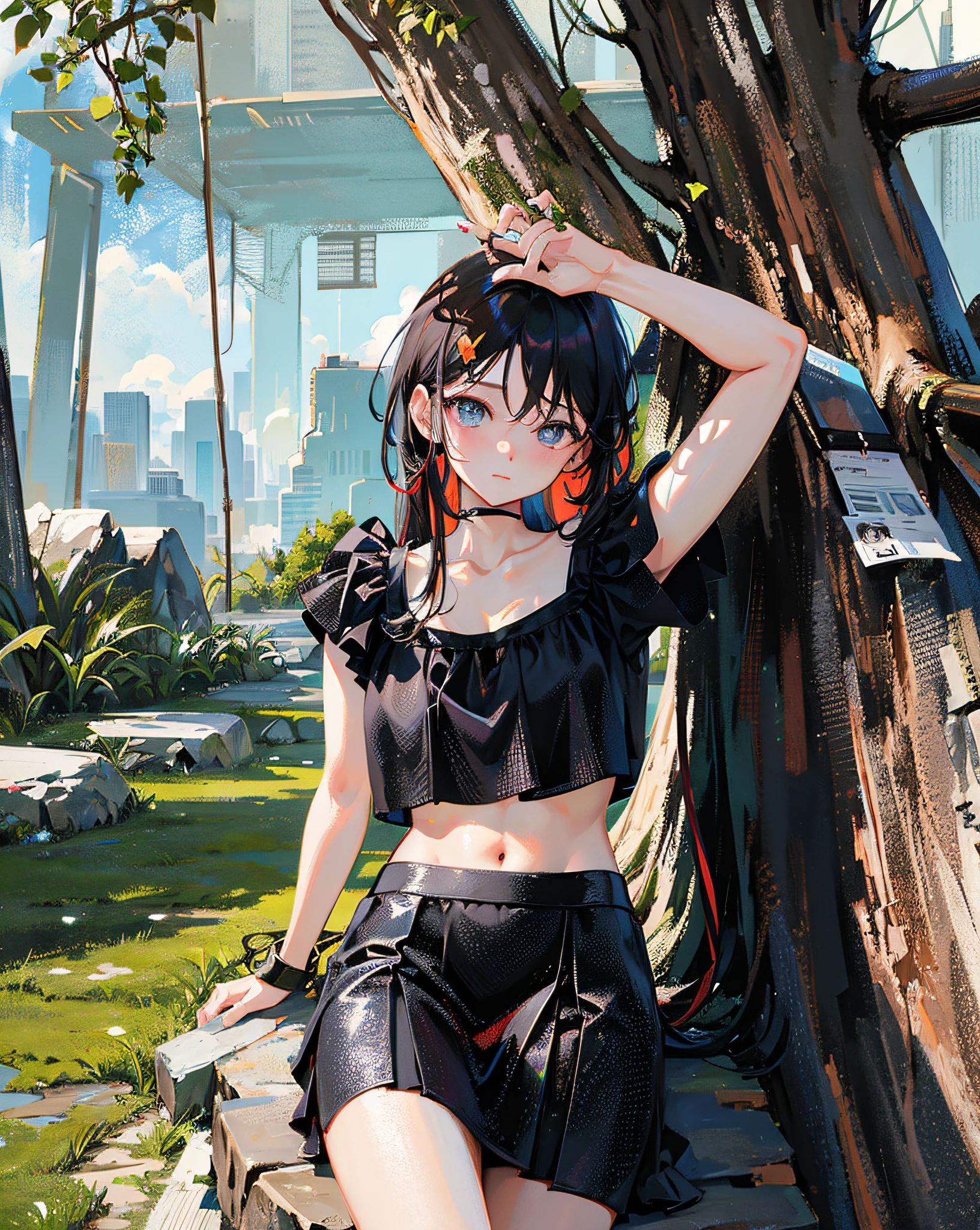 (Realistic painting style:1.0), Masterpiece, Best quality, absurderes, comic strip, illustration,
1 girl, long hair, cute girl, young and cute girl, Korean girl, {Breasts}, hana,
a girl sitting on a rock near a tree in a black dress, wearing a sexy cropped top, wearing crop top and miniskirt, black top, wearing a black cropped tank top, black skirt, a black chocker,