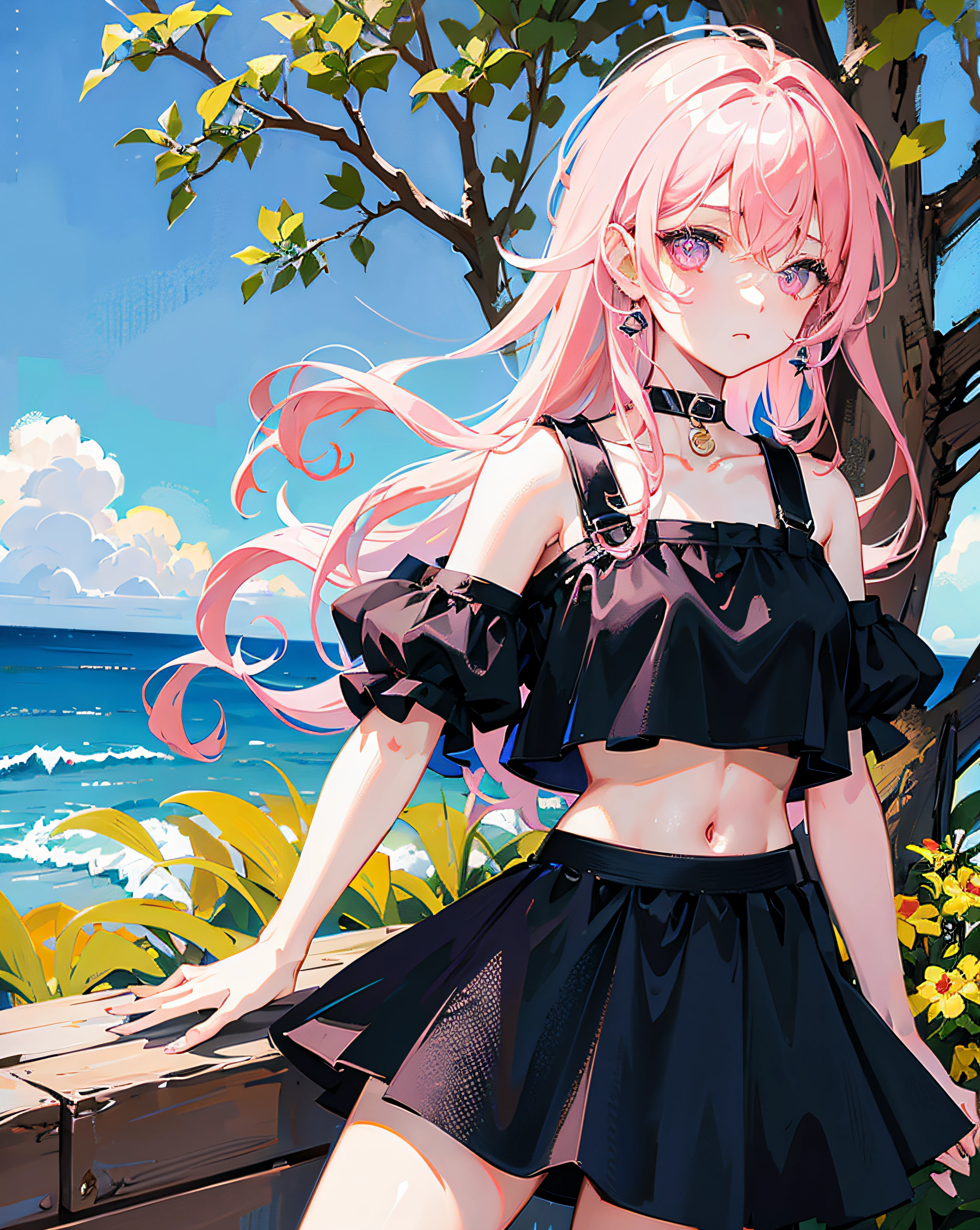 (Realistic painting style:1.0), Masterpiece, Best quality, absurderes, comic ?????, illustration,
1 girl, Long hair, Cute girl, young and cute girl, Korean girl, {Breasts}, Hana,
A girl in a black dress sits on a rock next to a tree, wearing sexy cropped top, wearing crop top and miniskirt, Black top, wearing a black cropped tank top, Black skirt, a black choker,
Pink hair, Pink hair, with pink hair, with pink hair,