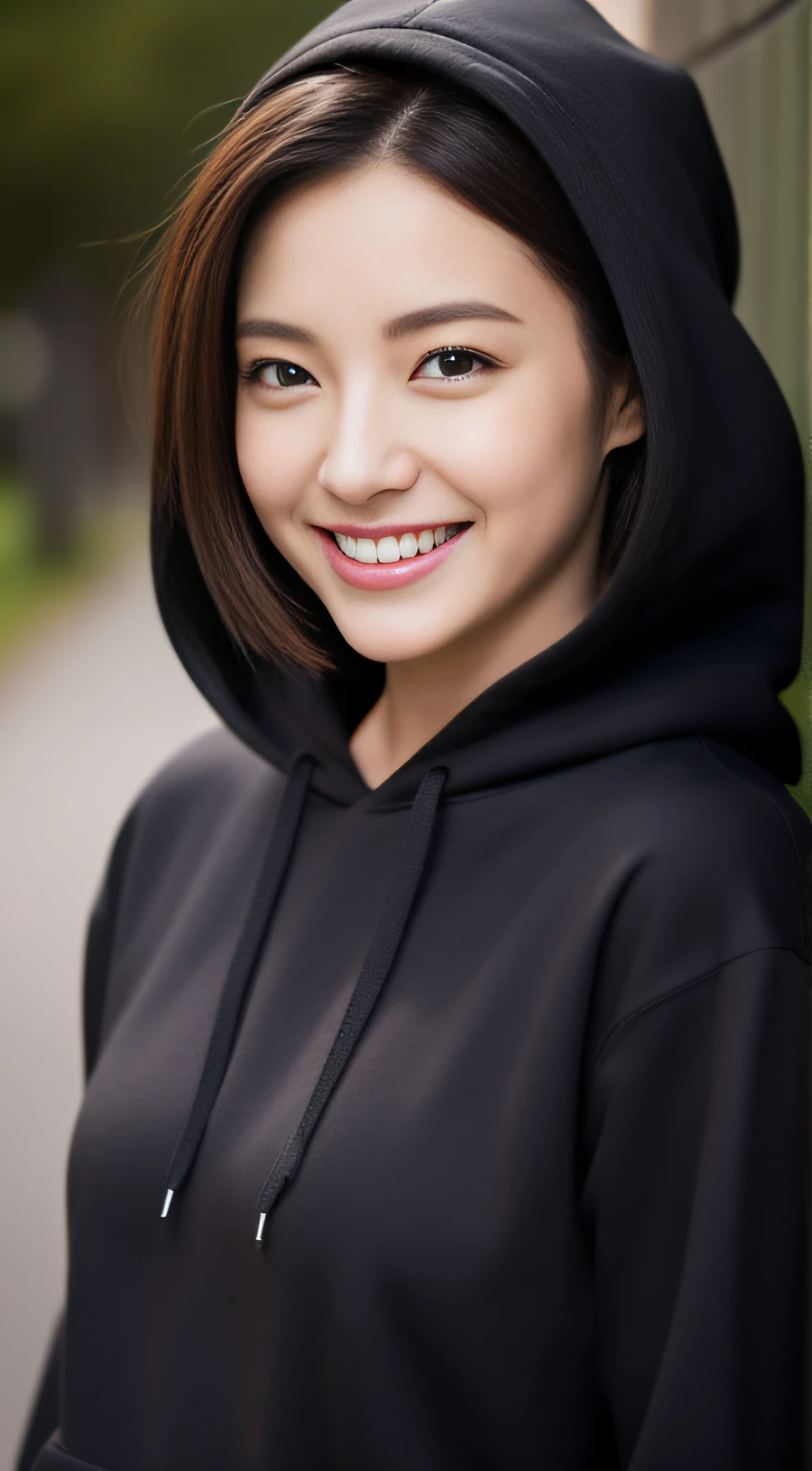 The face is a hostess、hacker、Dressed in a black hoodie、Guts Pose、hiquality、A hyper-realistic、healthy、Smiling expression、Slender perfect figure、Japan beauties、beautidful eyes、face perfect、Beautiful skin