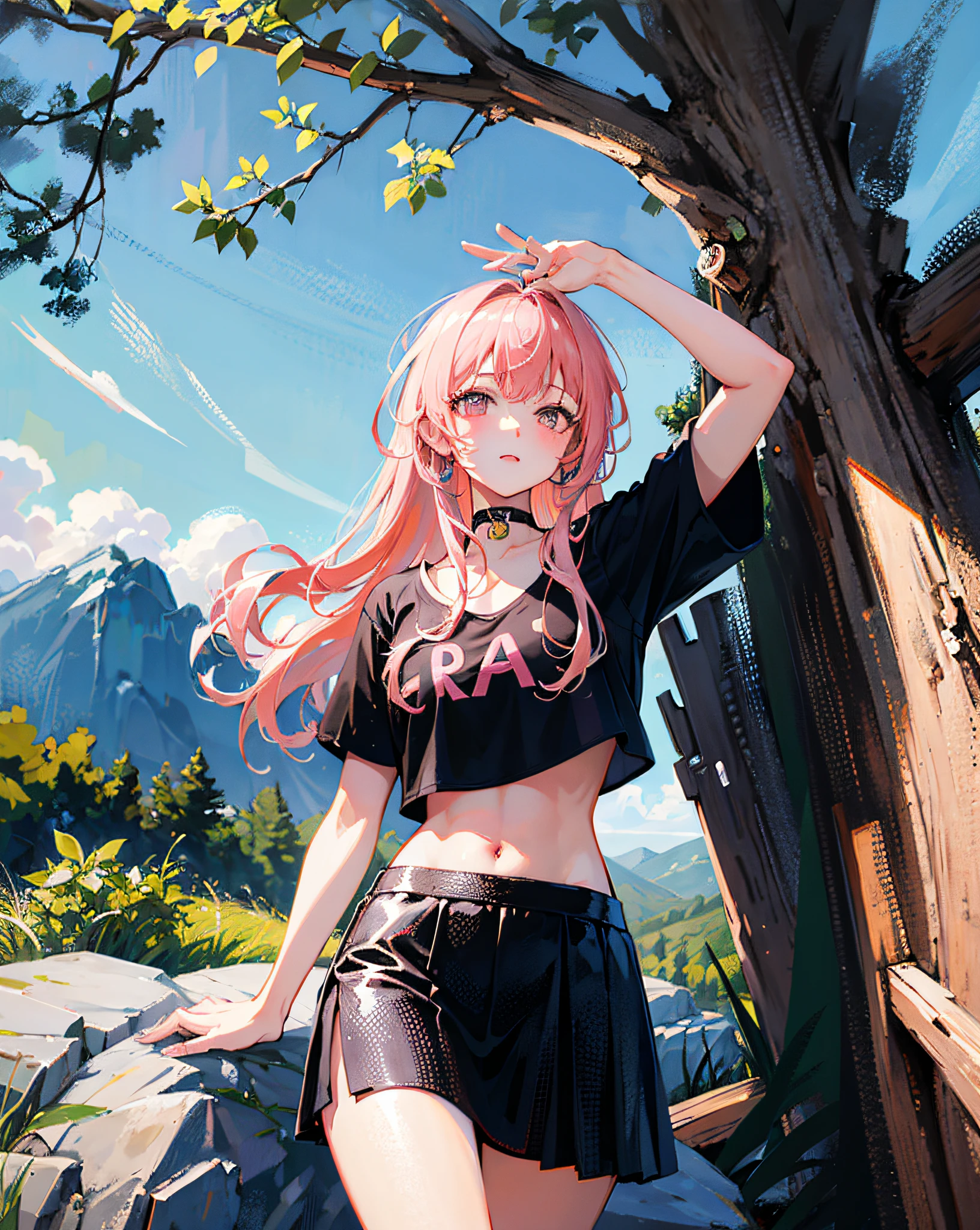 (Realistic painting style:1.0), Masterpiece, Best quality, absurderes, comic strip, illustration,
1 girl, Long hair, Cute girl, young and cute girl, Korean girl, {Breasts}, Hana,
A girl in a black dress sits on a rock next to a tree, wearing sexy cropped top, wearing crop top and miniskirt, Black top, wearing a black cropped tank top, Black skirt, a black choker,
Pink hair, Pink hair, with pink hair, with pink hair,