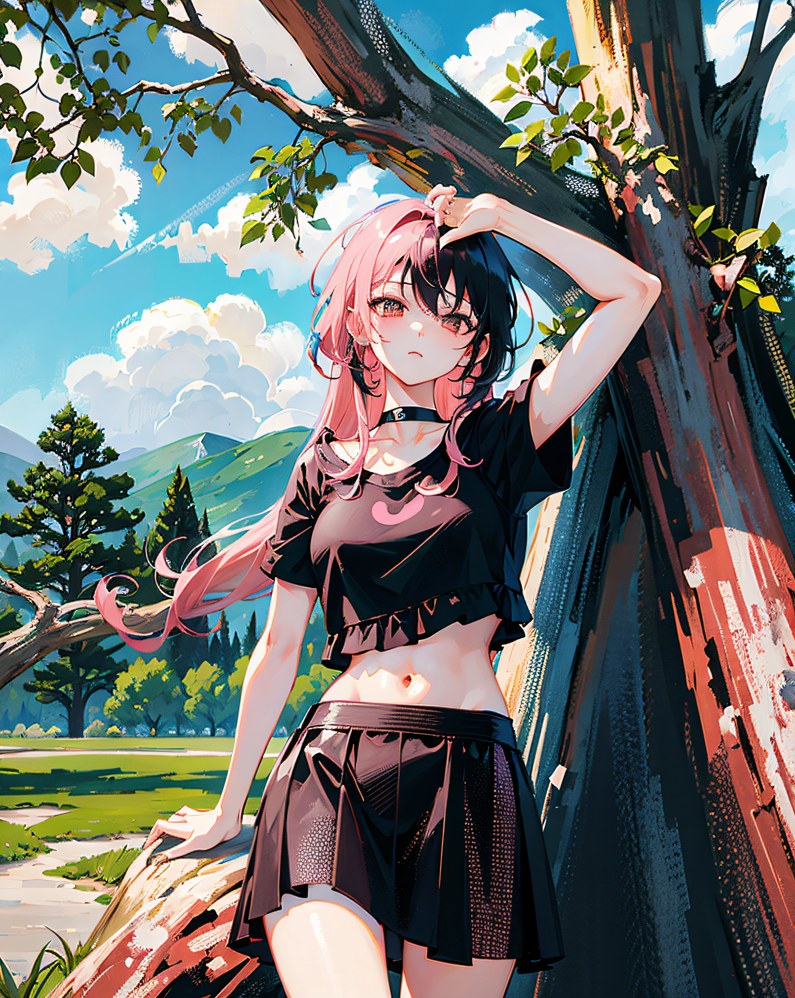 (Realistic painting style:1.0), Masterpiece, Best quality, absurderes, comic strip, illustration,
1 girl, Long hair, Cute girl, young and cute girl, Korean girl, {Breasts}, Hana,
A girl in a black dress sits on a rock next to a tree, wearing sexy cropped top, wearing crop top and miniskirt, Black top, wearing a black cropped tank top, Black skirt, a black choker,
Pink hair, Pink hair, with pink hair, with pink hair,