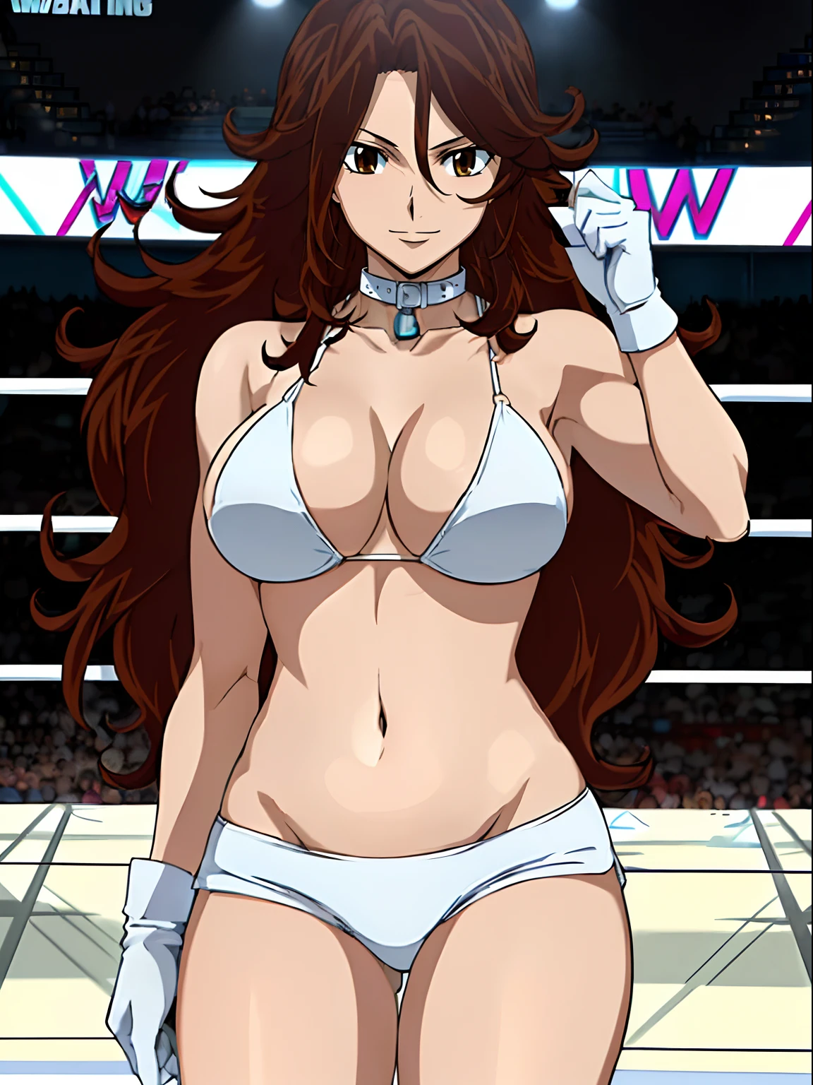 (wwe diva), body view, anime style: 1.8, anime drawing, ultra detailed face, ultra detailed body, 4k, Sumergai Lee Noriega, (standing), best quality, anime style, hires, highest definition, digital blending, bold drawing lines, ((wwe diva), (location: wrestling arena, crowds watching), ( slim body, little biceps, thighs, off-shoulders, (curvy: 2.8)), ((white bikini, shorts, groin, , white gloves, collar)), victorious, winner, gentle, (big breasts, smile), (big eyes, brown eyes), (clapping), (brown hair, loose hair, curly hair, wavy hair, long hair, missy hair), 27 years old,