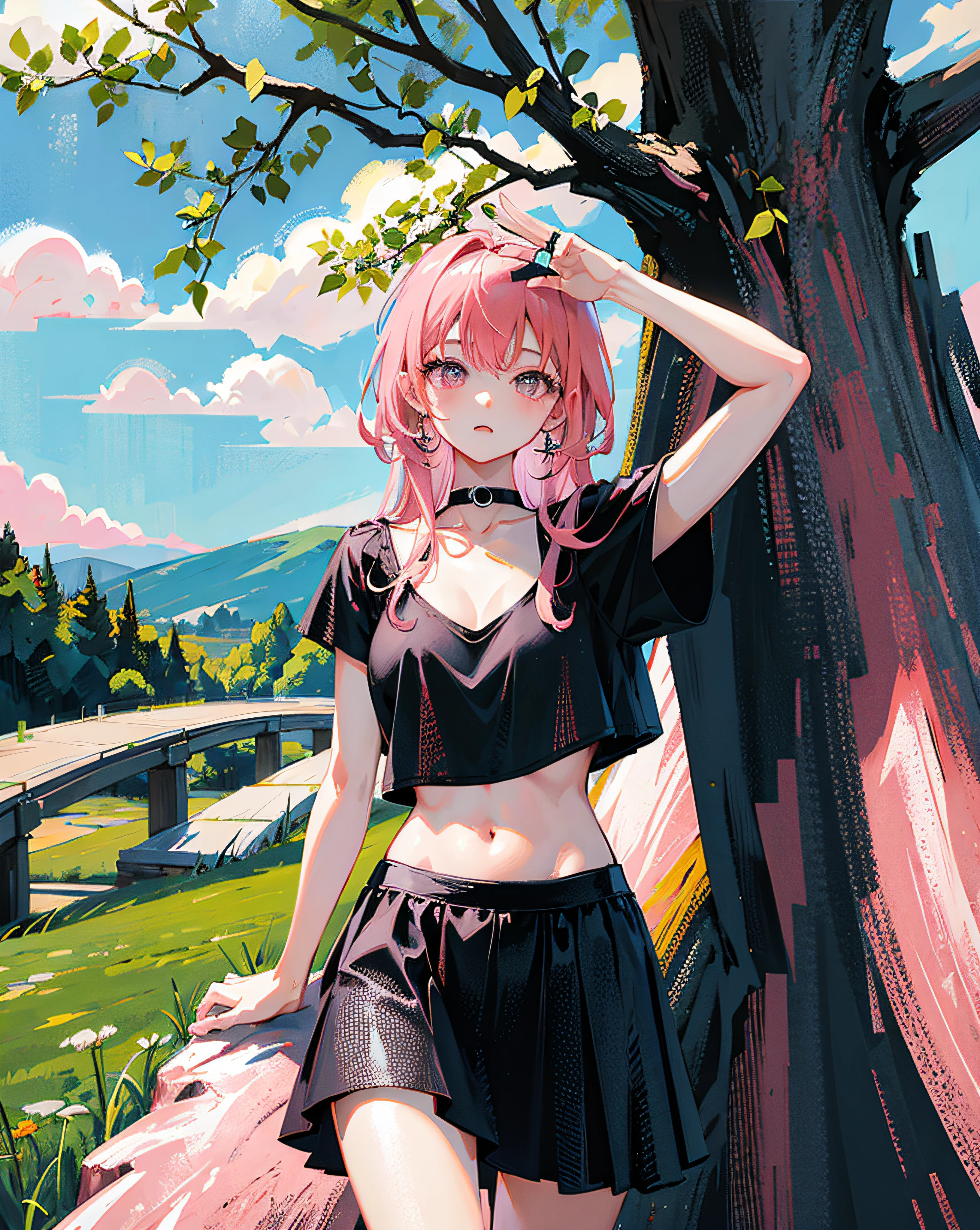 (Realistic painting style:1.0), Masterpiece, Best quality, absurderes, comic strip, illustration,
1 girl, Long hair, Cute girl, young and cute girl, Korean girl, {Breasts}, Hana,
A girl in a black dress sits on a rock next to a tree, wearing sexy cropped top, wearing crop top and miniskirt, Black top, wearing a black cropped tank top, Black skirt, a black choker,
Pink hair, Pink hair, with pink hair, with pink hair,
