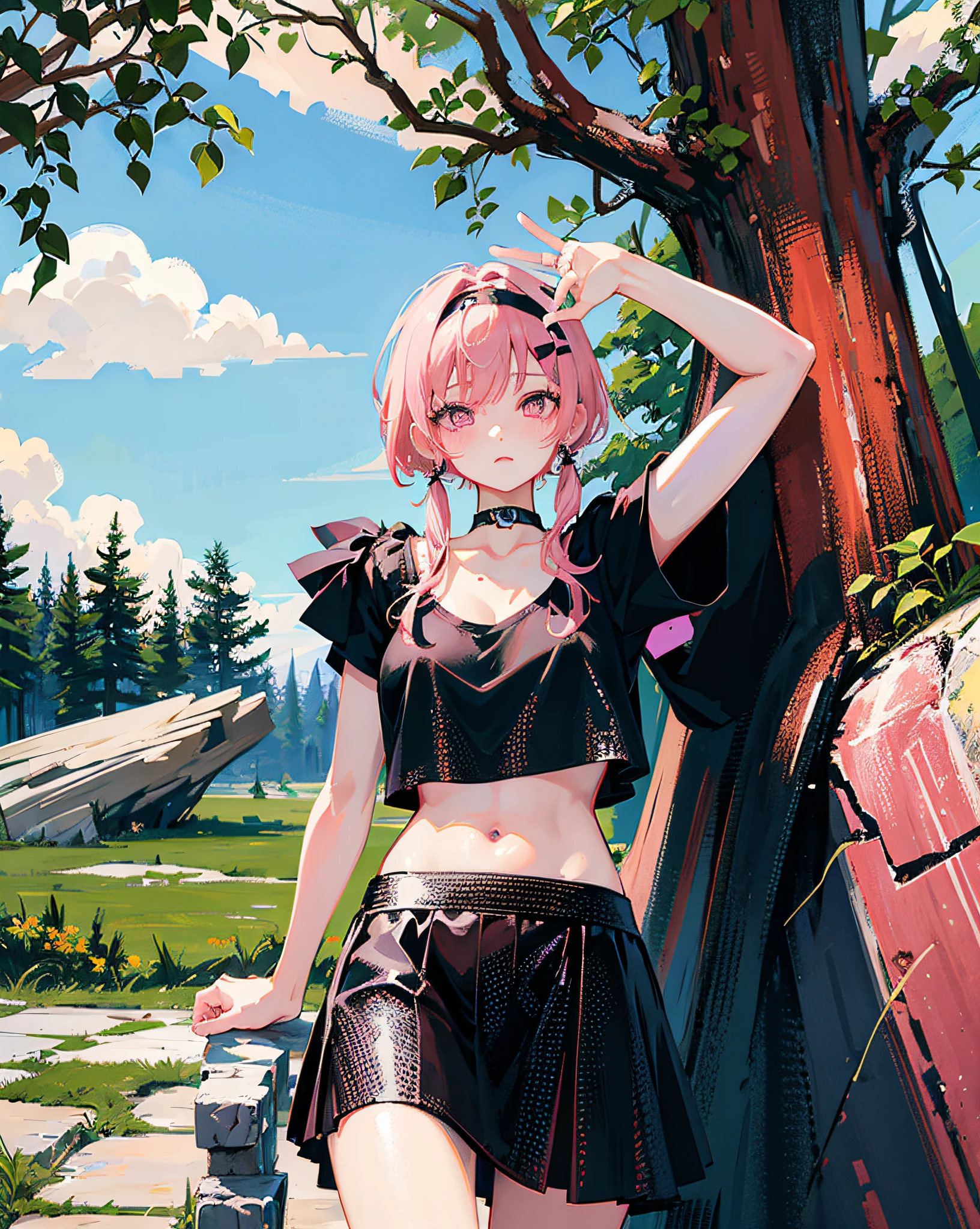 (Realistic painting style:1.0), Masterpiece, Best quality, absurderes, comic strip, illustration,
1 girl, Long hair, Cute girl, young and cute girl, Korean girl, {Breasts}, Hana, 
A girl in a black dress sits on a rock next to a tree, wearing sexy cropped top, wearing crop top and miniskirt, Black top, wearing a black cropped tank top, Black skirt, a black choker, 
Pink hair, Pink hair, with pink hair, with pink hair,