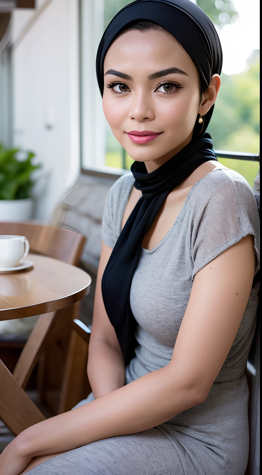 Create an effortlessly elegant portrait of the Malay woman in casual attire, short grey pixie cut hair, portraying her natural beauty and grace through a relaxed and candid pose,