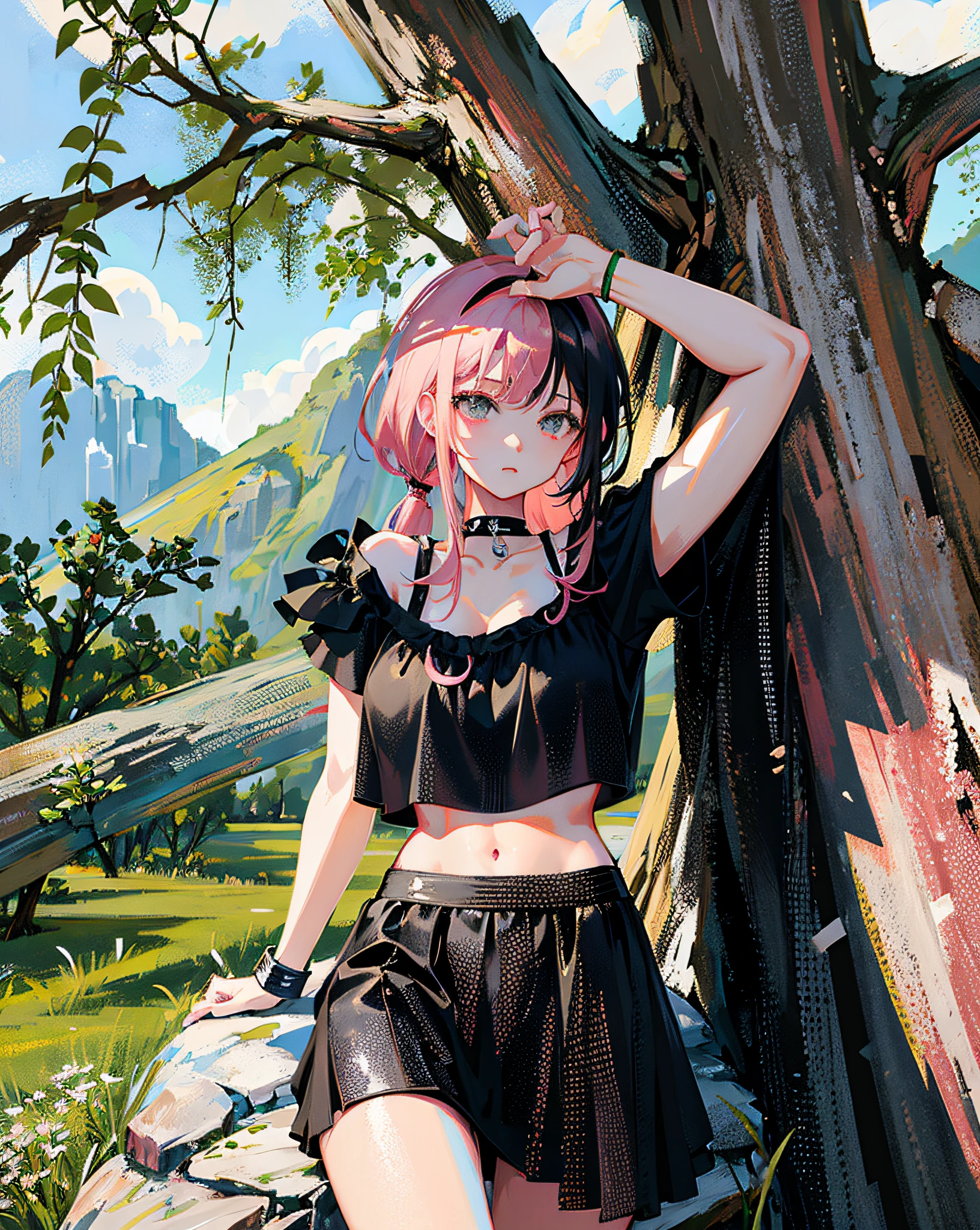 (Realistic painting style:1.0), Masterpiece, Best quality, absurderes, comic strip, illustration,
1 girl, Long hair, Cute girl, young and cute girl, Korean girl, {Breasts}, Hana, 
A girl in a black dress sits on a rock next to a tree, wearing sexy cropped top, wearing crop top and miniskirt, Black top, wearing a black cropped tank top, Black skirt, a black choker, 
Pink hair, Pink hair, with pink hair, with pink hair,