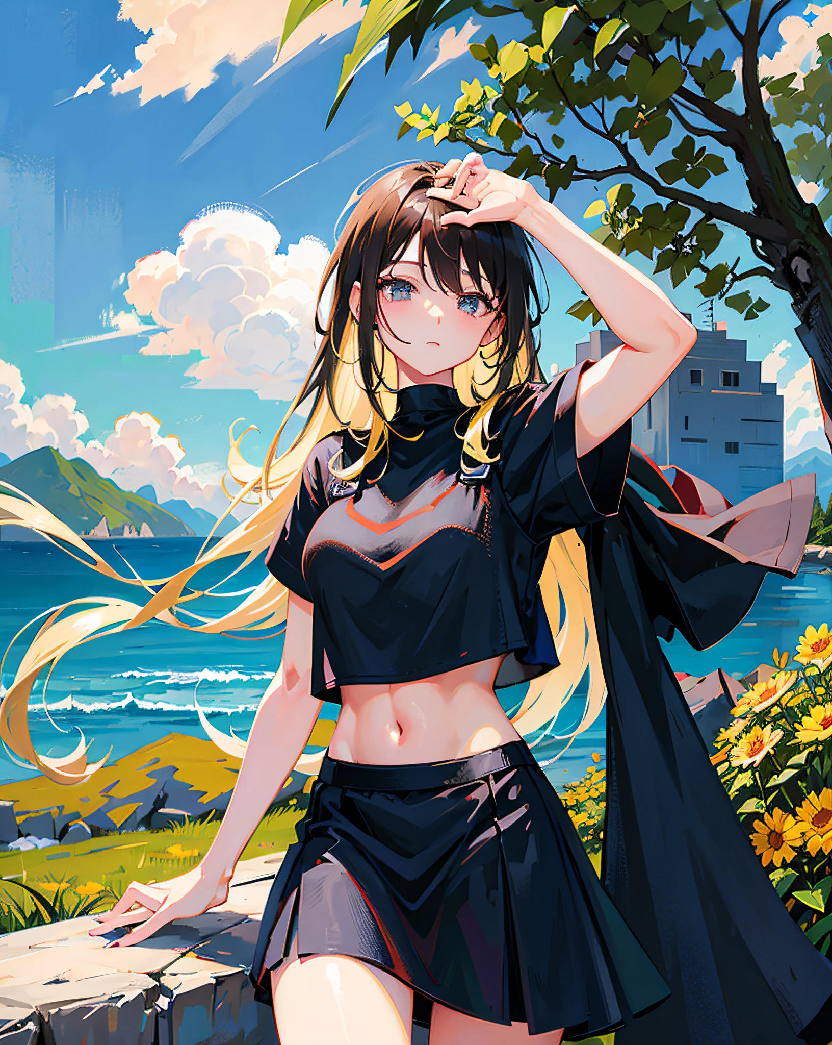 (Realistic painting style:1.0), Masterpiece, Best quality, absurderes, comic strip, illustration,
1 girl, Long hair, Cute girl, young and cute girl, Korean girl, {Breasts}, Hana,
A girl in a black dress sits on a rock next to a tree, wearing sexy cropped top, wearing crop top and miniskirt, Black top, wearing a black cropped tank top, Black skirt, a black choker,
Blonde, Blonde hair, blond hairbl,