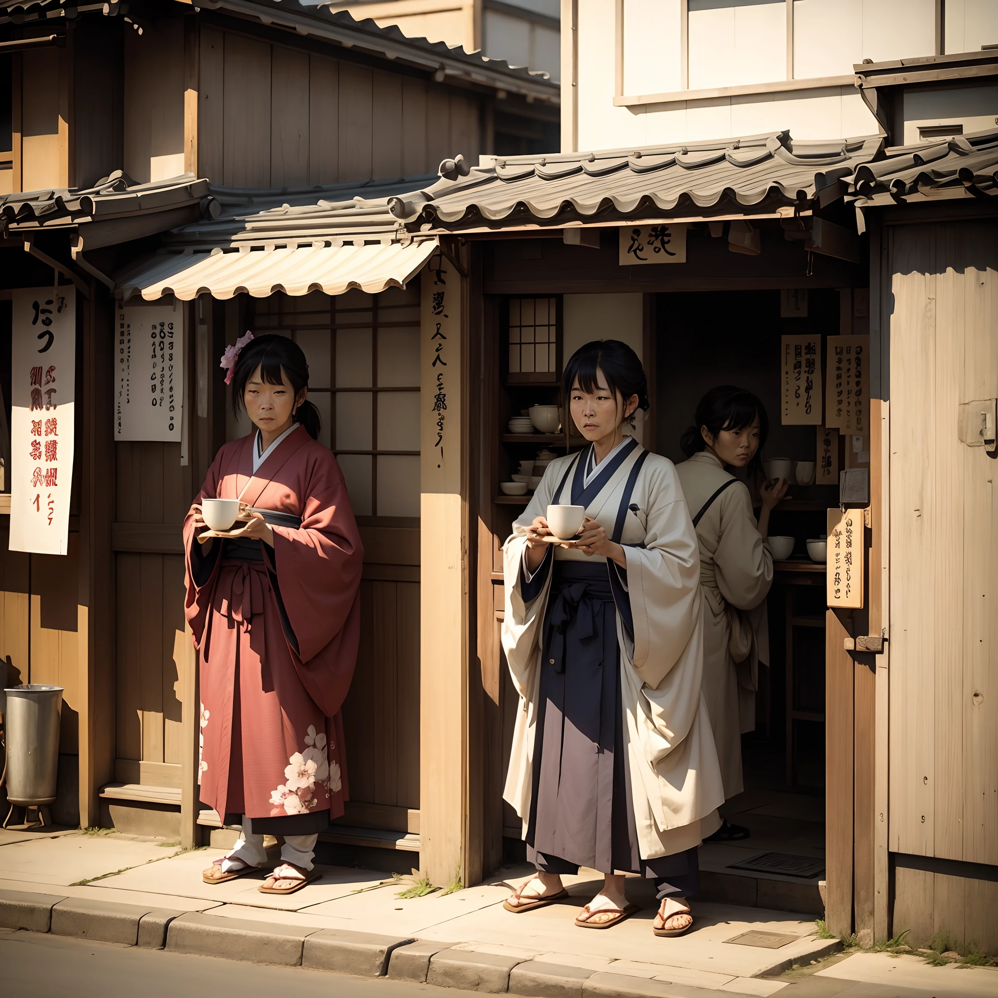 Japanese beggers sipping tea on a street