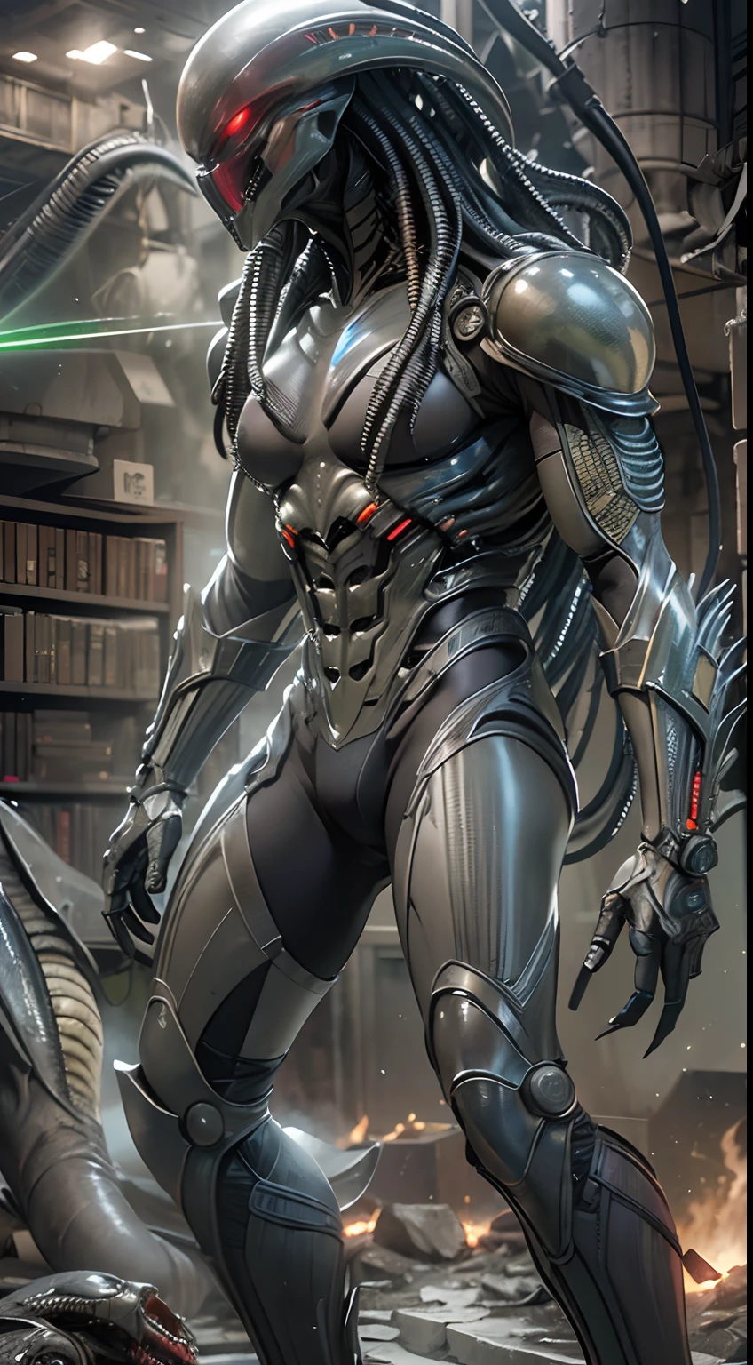 best quality,girl,dynamic shot,room,detailed background , alien, mechanical arms, zombie
