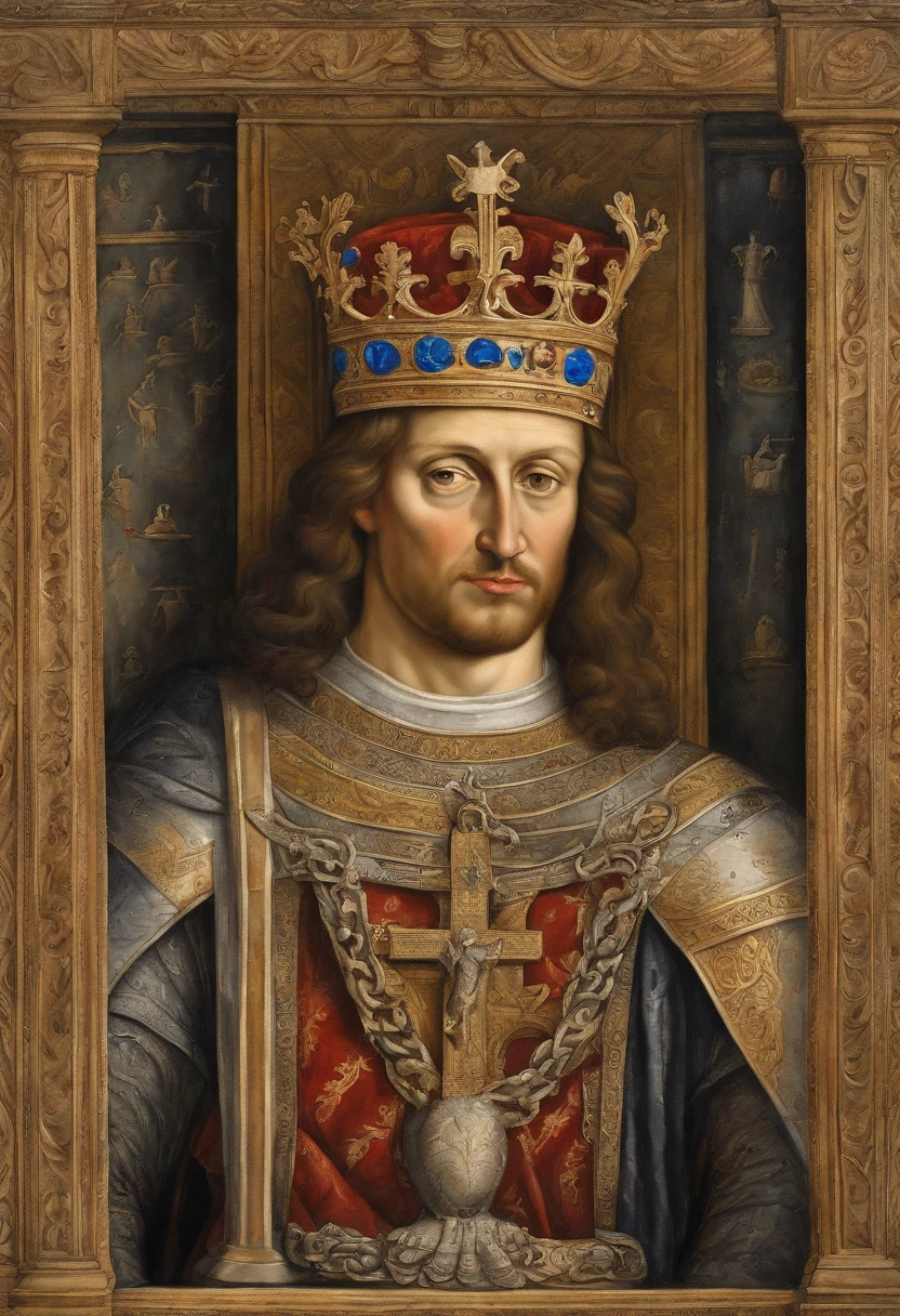 (Masterpiece, Best Quality),Renaissance style, Masterpiece, intense illumination, extremely highly detailed, Portrait of Saint Louis IX inside the Château de Saint-Germain-en-Laye, He holds the crown of thorns that Christ placed on his head