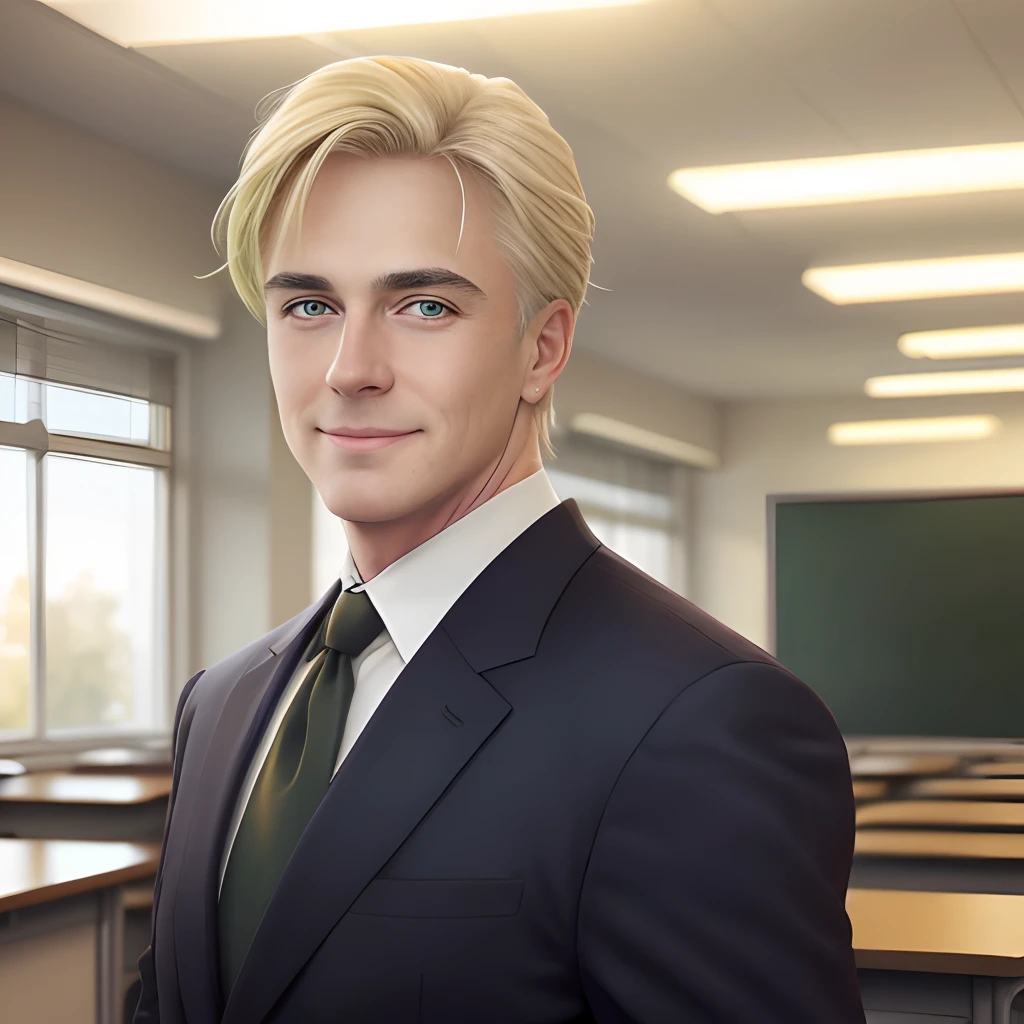 Man 50 years old blond hair eyes bright green color male face in office school principal Ray Stevenson wide chin smile