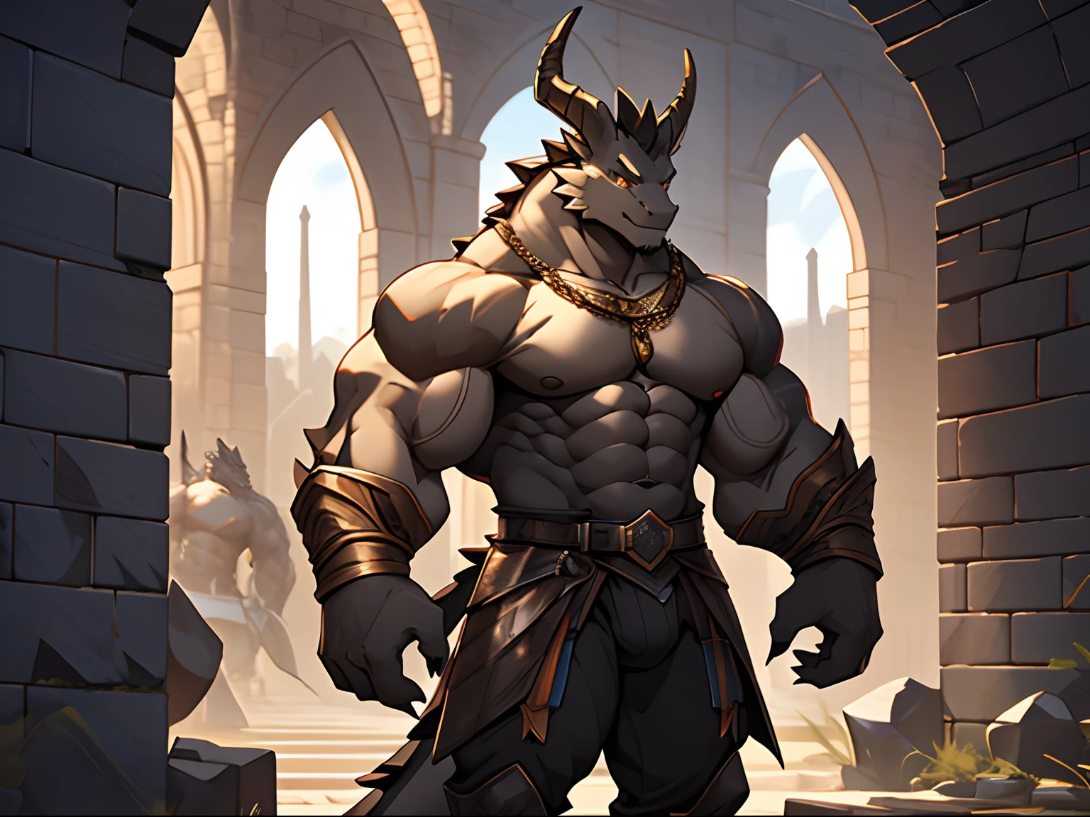 thedarkurge, dragonborn \(dnd\), white body, red eyes, male, muscular, loincloth, detailed background, dark, cult, sacrificial altar, indoor, temple, palace, blood, very dark, bust portrait