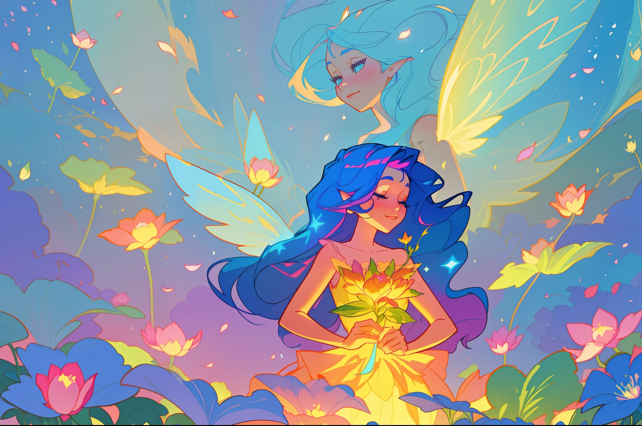 beautiful girl in fairy dress made of flower petals, beautiful fairy queen, glowing fairies, regal, flower magic, magical plants, otherworldly landscape, (glowing fairy wings), glowing flowing ballgown, long wavy hair, sparkling fairy wings, (layered ruffle ballgown), watercolor illustration, flowers and colorful plants, inspired by Glen Keane, inspired by Lois van Baarle, disney art style, by Lois van Baarle, glowing aura around her, by Glen Keane, jen bartel, glowing lights! digital painting, flowing glowing hair, glowing flowing hair, beautiful digital illustration, fantasia otherworldly landscape plants flowers, beautiful, masterpiece, best quality, anime disney style