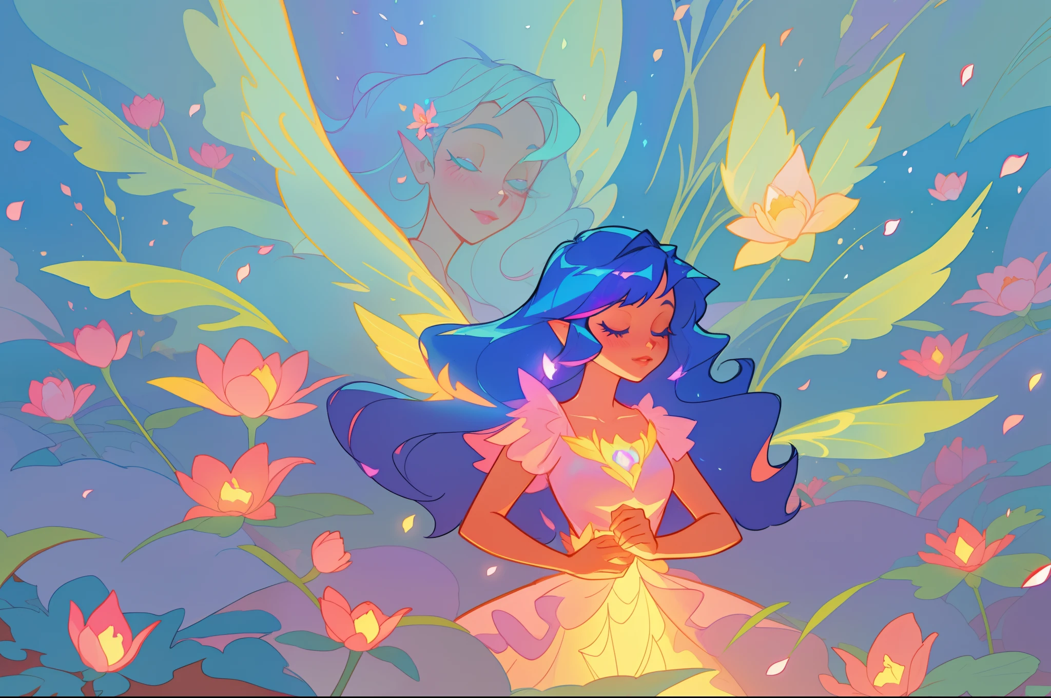 beautiful girl in fairy dress made of flower petals, beautiful fairy queen, glowing fairies, regal, flower magic, magical plants, otherworldly landscape, (glowing fairy wings), glowing flowing ballgown, long wavy hair, sparkling fairy wings, (layered ruffle ballgown), watercolor illustration, flowers and colorful plants, inspired by Glen Keane, inspired by Lois van Baarle, disney art style, by Lois van Baarle, glowing aura around her, by Glen Keane, jen bartel, glowing lights! digital painting, flowing glowing hair, glowing flowing hair, beautiful digital illustration, fantasia otherworldly landscape plants flowers, beautiful, masterpiece, best quality, anime disney style