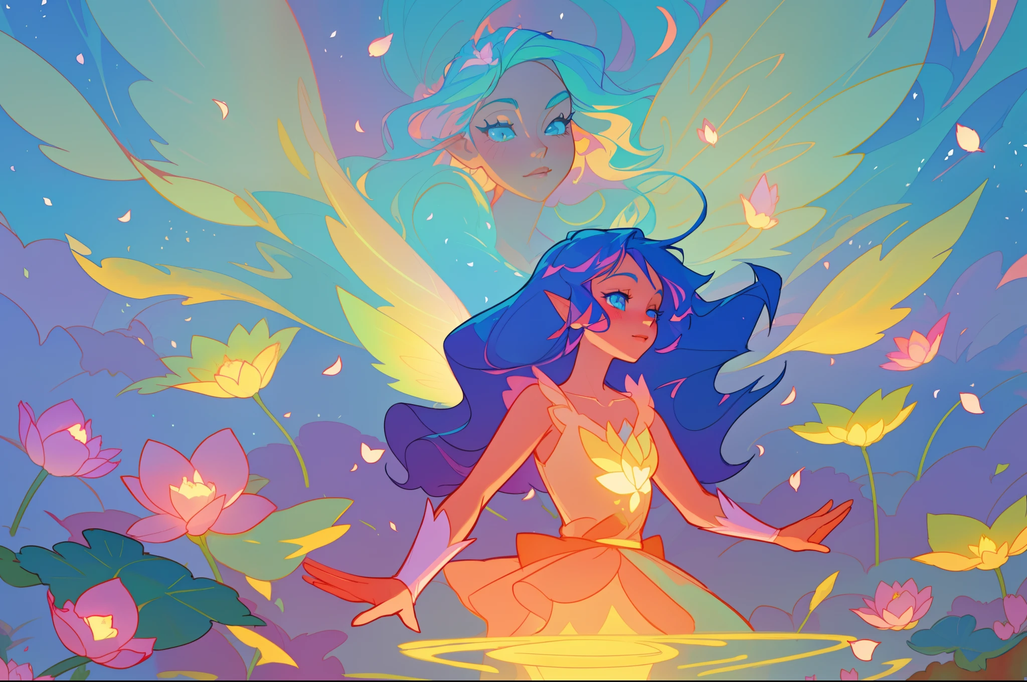 beautiful girl in fairy dress made of flower petals, beautiful fairy queen, glowing fairies, regal, flower magic, magical plants, otherworldly landscape, (glowing fairy wings), glowing flowing ballgown, long wavy hair, sparkling fairy wings, (layered ruffle ballgown), watercolor illustration, flowers and colorful plants, inspired by Glen Keane, inspired by Lois van Baarle, disney art style, by Lois van Baarle, glowing aura around her, by Glen Keane, jen bartel, glowing lights! digital painting, flowing glowing hair, glowing flowing hair, beautiful digital illustration, fantasia otherworldly landscape plants flowers, beautiful, masterpiece, best quality, anime disney style