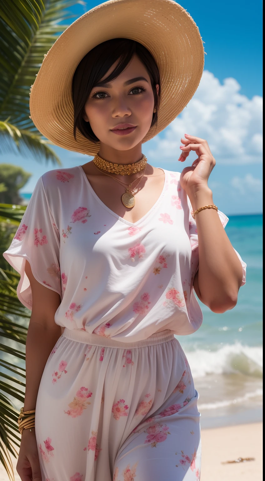 Capture a carefree and bohemian-inspired portrait of the Malay woman on a beach, pink short hair with bob bangs haircut, wearing a flowing outfit, and striking a relaxed, sun-kissed pose against the sea and sky.