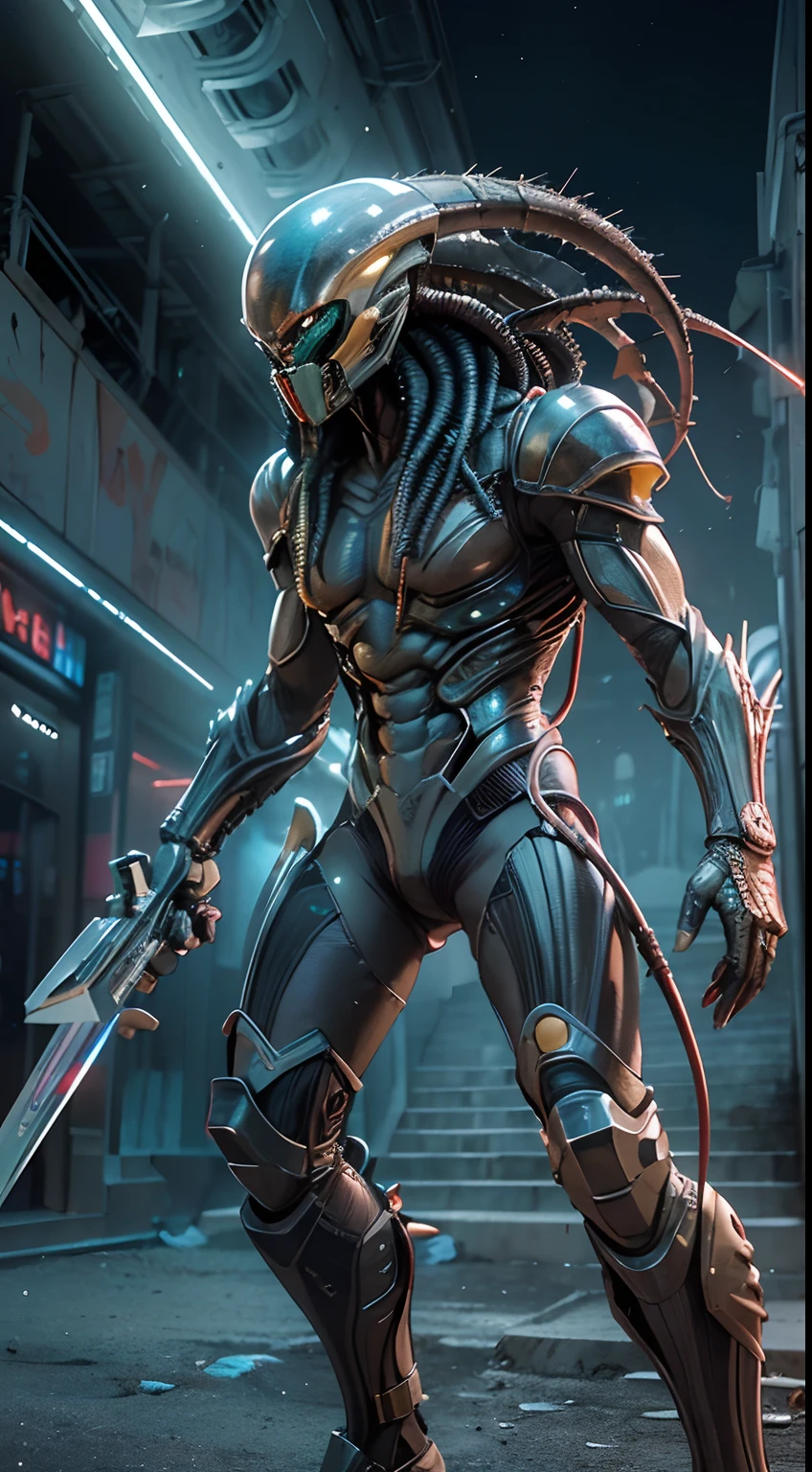 ((Predator with futuristic battle suit, fighting aliens with laser knives, h.r. giger's epic and dramatic battle)) A detailed photo of an alien, intricate details, big head, in the suburbs, night, full moon, walking on tiptoe, sneaky, green and black, futuristic design, masterpiece, best quality