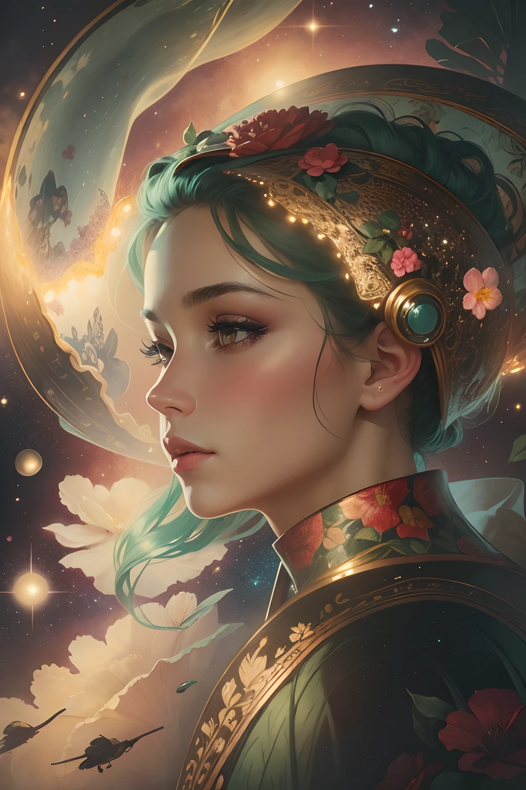 A stunning woman adorned in a grand floral hat, captured in a full body portrait reminiscent of the 1900s. The fine art painting showcases her seated in a lush garden, surrounded by vibrant blooms and lush greenery, space helmet