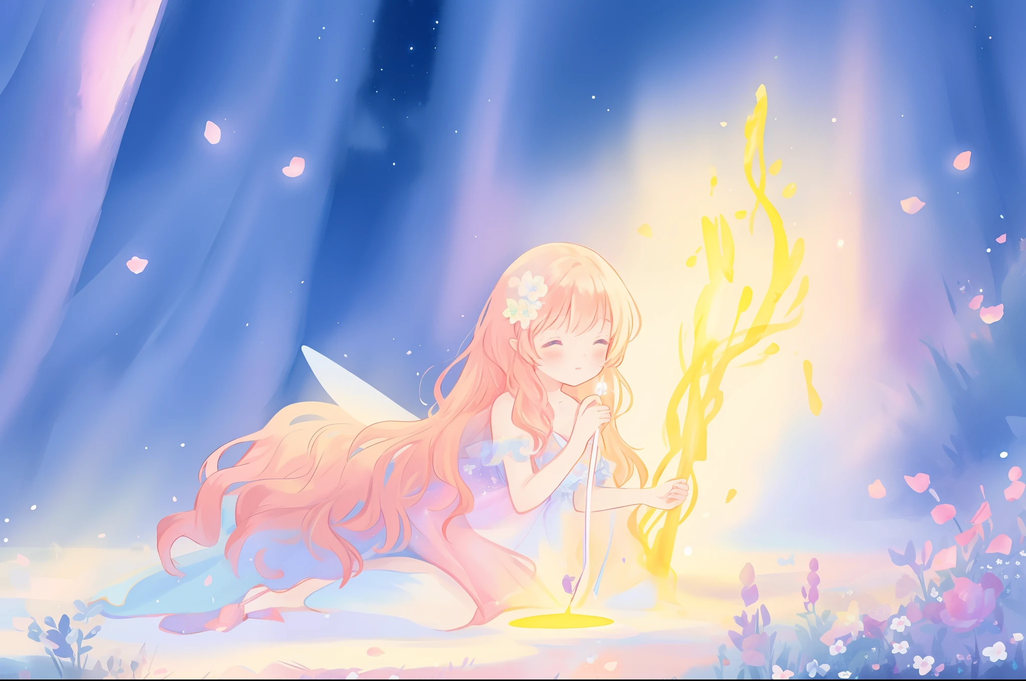 beautiful girl in fairy dress made of flower petals, beautiful fairy queen, glowing fairy lights, (glowing fairy wings), long wavy hair, sparkling fairy wings, watercolor illustration, flowers and colorful plants, inspired by Glen Keane, inspired by Lois van Baarle, disney art style, by Lois van Baarle, glowing aura around her, by Glen Keane, jen bartel, glowing lights! digital painting, flowing glowing hair, glowing flowing hair, beautiful digital illustration, fantasia otherworldly landscape plants flowers, beautiful, masterpiece, best quality, anime disney style