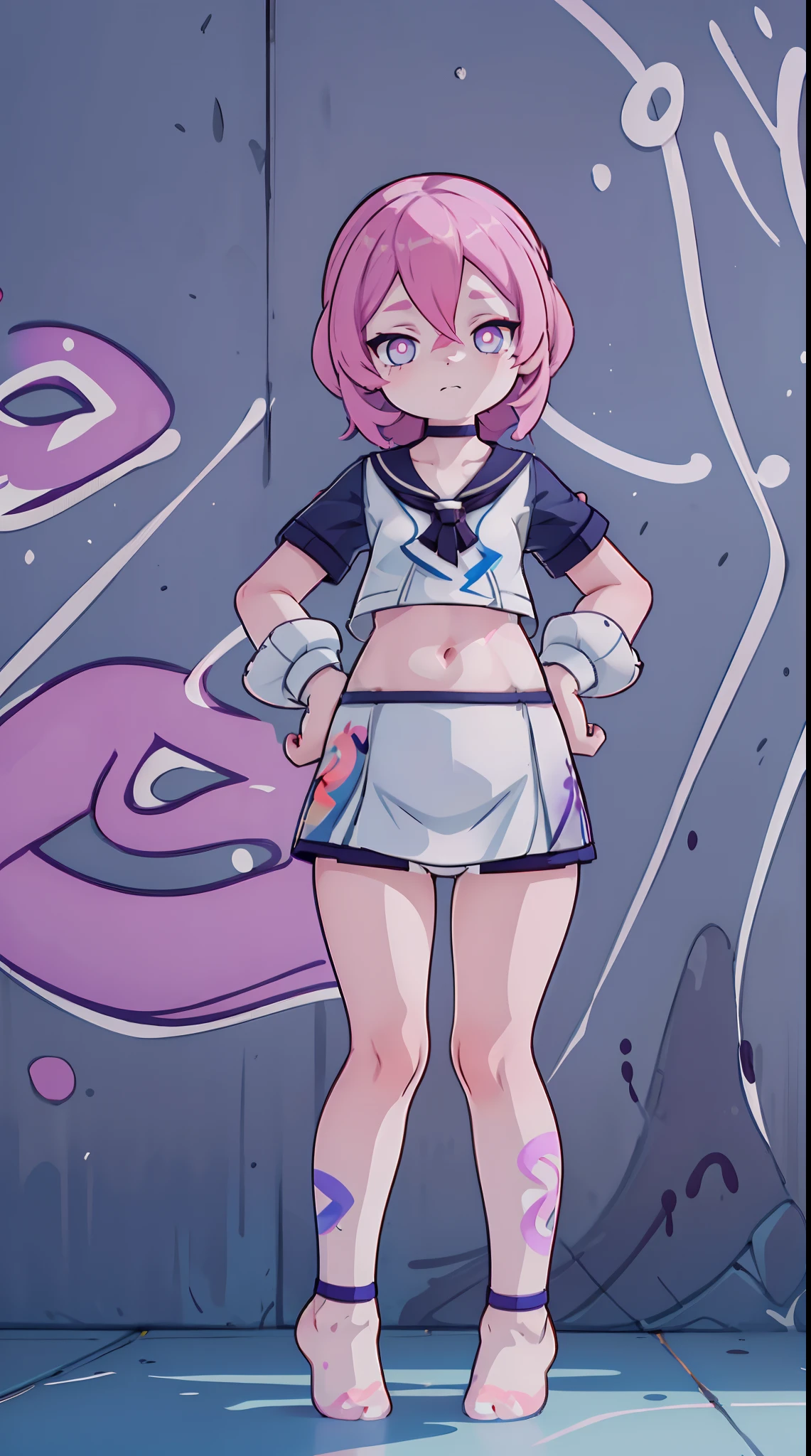 Melousine | genshin impact, master-piece, bestquality, 1girls,25 years old, proportional body, elongated legs, proportional.,sailor suit, short skirt, mediuml breasts, ,bara, crop top, choker, (Graffiti:1.5), Splash with purple lightning pattern., arm behind back, against wall, View viewers from the front., Thigh strap, Head tilt, bored, 10, 10, HD, slight smile,