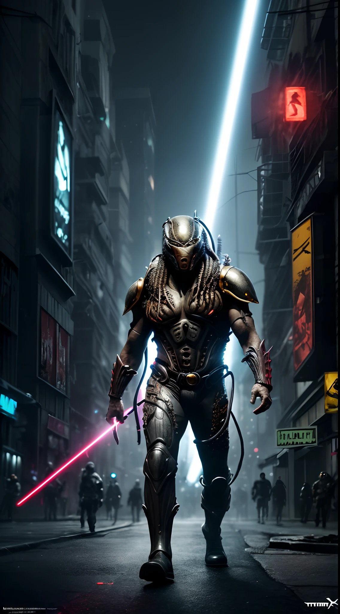 ((Predator wiith futuristic battlesuit, fighting aliens monster with laser knives, dramatic epic figh by h.r. giger)), cinematic hyperrealistic highly detailed drawn characters with foggy future neonlight mega-city at night as background, thrlling dramatic movie poster, in highst resolution in best quality, with intigue deatails, award winning masterpiece, trending on artstation.