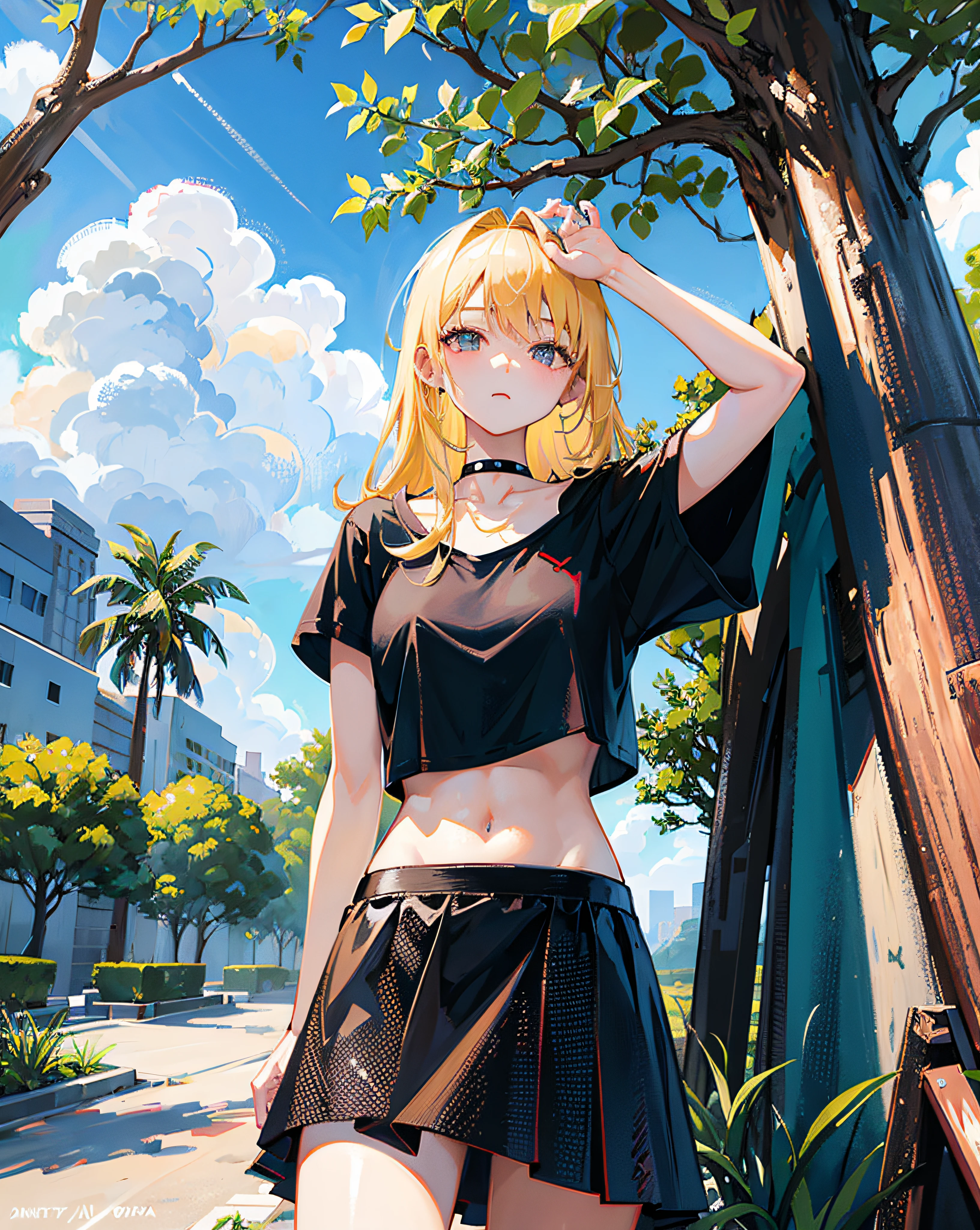 (Realistic painting style:1.0), Masterpiece, Best quality, absurderes, comic strip, illustration,
1 girl, Long hair, Cute girl, young and cute girl, Korean girl, {Breasts}, Hana,
A girl in a black dress sits on a rock next to a tree, wearing sexy cropped top, wearing crop top and miniskirt, Black top, wearing a black cropped tank top, Black skirt, a black choker,
Blonde, Blonde hair, blond hairbl,