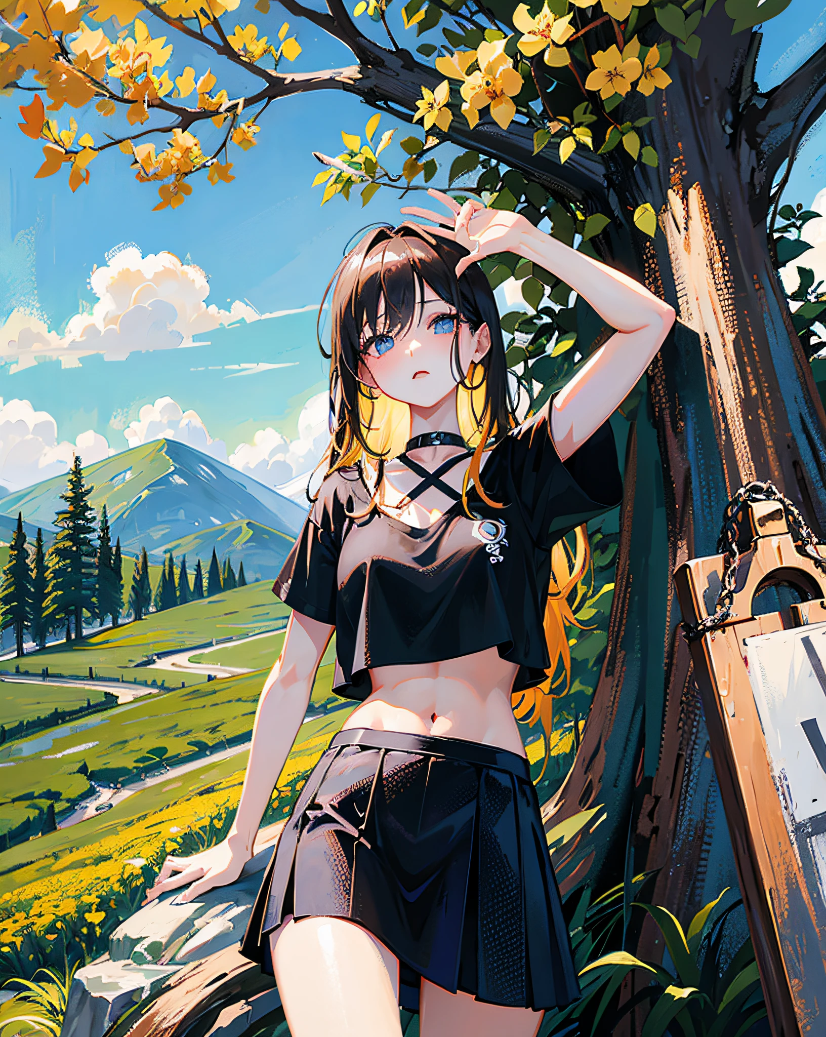 (Realistic painting style:1.0), Masterpiece, Best quality, absurderes, comic strip, illustration,
1 girl, Long hair, Cute girl, young and cute girl, Korean girl, {Breasts}, Hana, 
A girl in a black dress sits on a rock next to a tree, wearing sexy cropped top, wearing crop top and miniskirt, Black top, wearing a black cropped tank top, Black skirt, a black choker, 
Blonde, Blonde hair, blond hairbl,