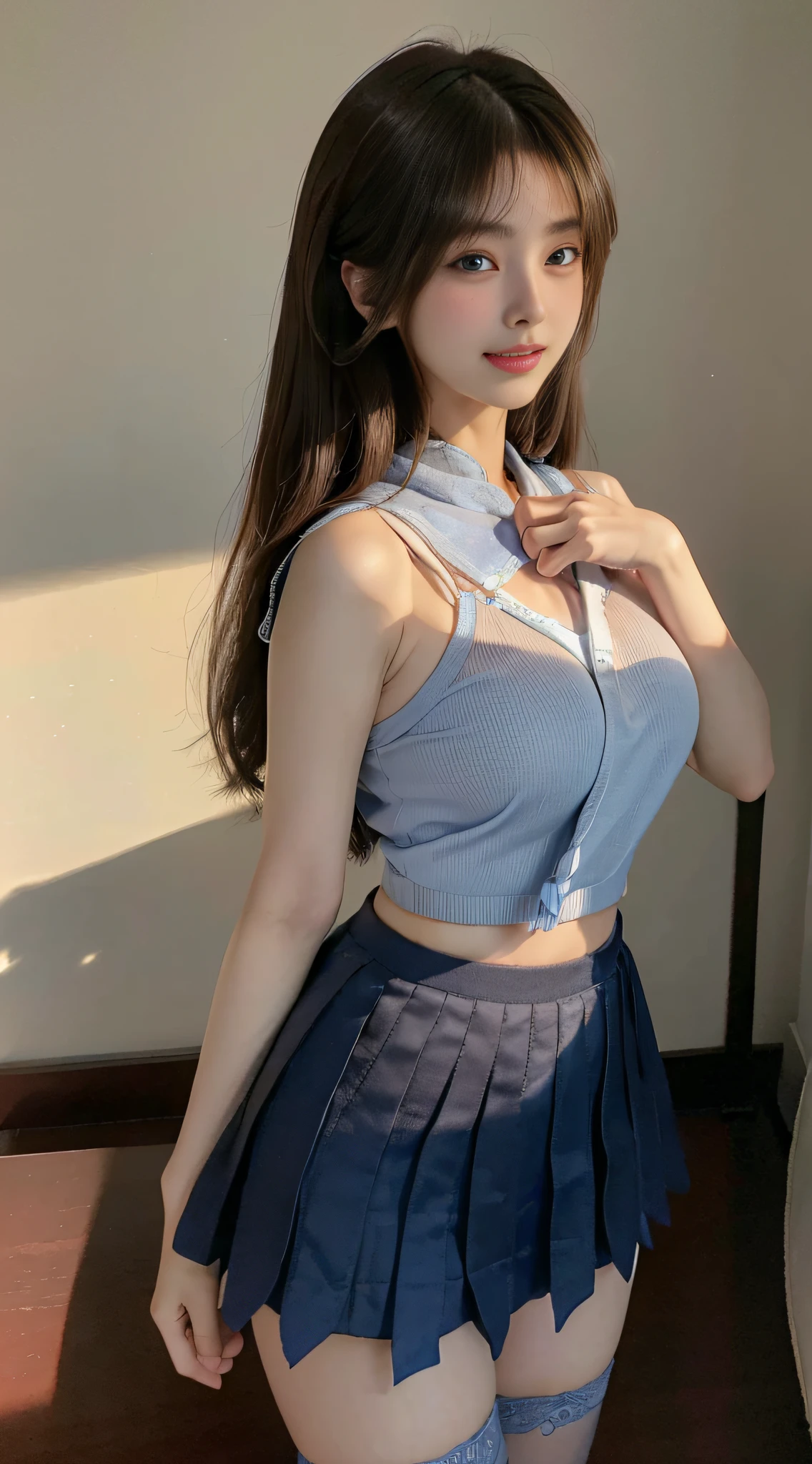 realistic, high resolution, 1 girl, , korean, blue eyes, suspenders, tank top, belly pocket, short skirt, shorts, stockings, fishnet socks, thick thighs