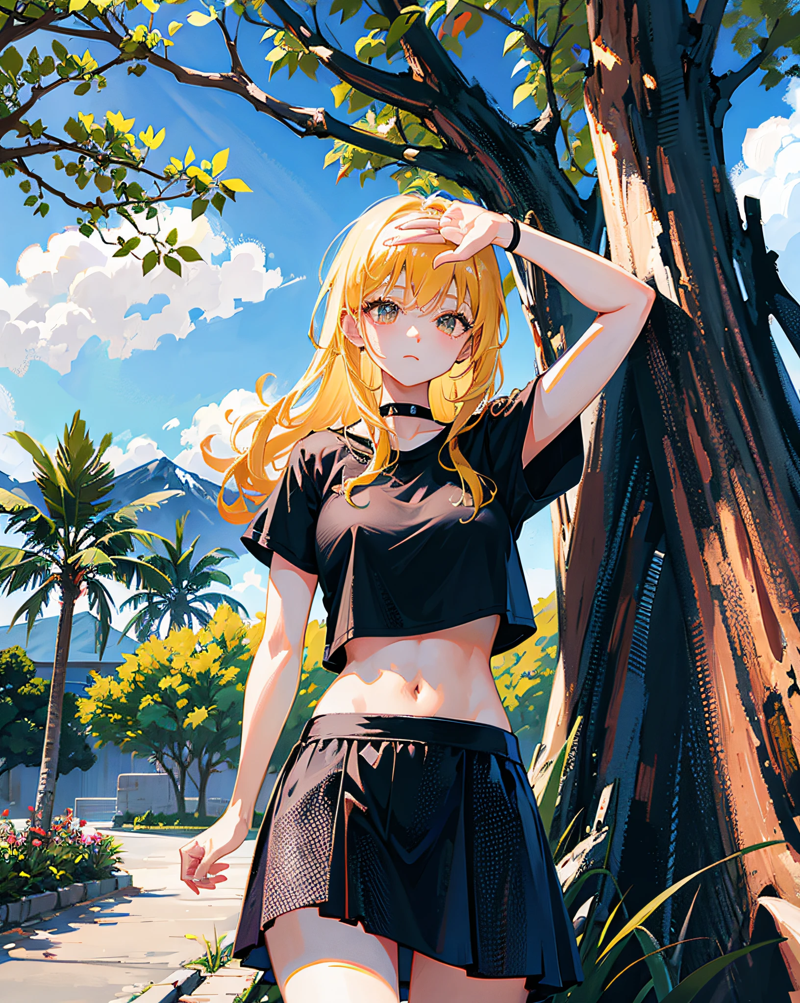 (Realistic painting style:1.0), Masterpiece, Best quality, absurderes, comic strip, illustration,
1 girl, Long hair, Cute girl, young and cute girl, Korean girl, {Breasts}, Hana, 
A girl in a black dress sits on a rock next to a tree, wearing sexy cropped top, wearing crop top and miniskirt, Black top, wearing a black cropped tank top, Black skirt, a black choker, 
Blonde, Blonde hair, blond hairbl,