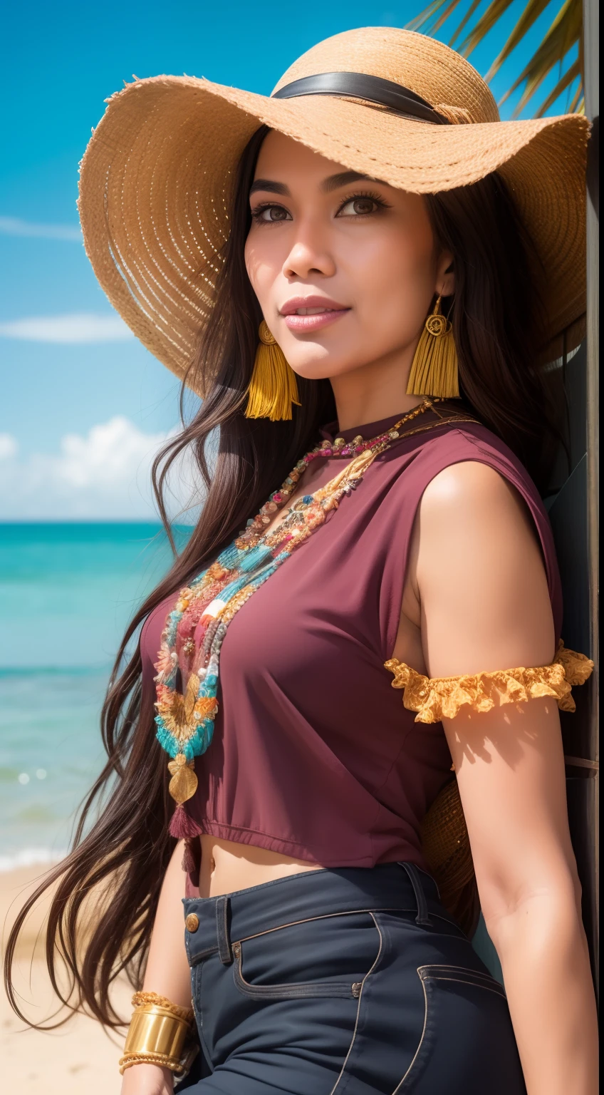 Capture a carefree and bohemian-inspired portrait of the Malay woman on a beach, long golden brown hair, wavy hair with bangs, wearing a flowing outfit, and striking a relaxed, sun-kissed pose against the sea and sky.