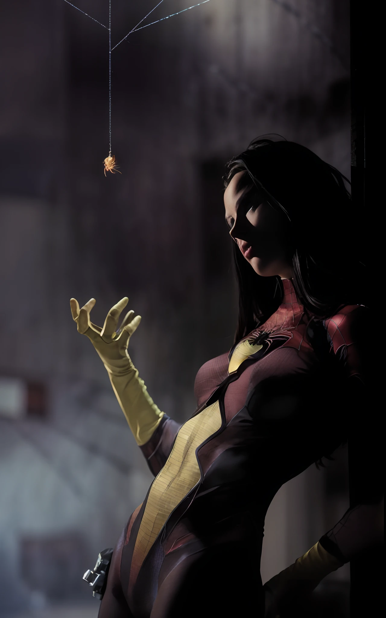 (Usando Spiderwoman_cosplay_vestimenta:1.1), frente a un cielo, 
buena mano,4k, high resolusion, Obra maestra, La mejor calidad, cabeza:1.3,((Hasselblad photography)), Piel finamente detallada, foco nítido, (cinematic lighting), Noche, Soft lighting, Dynamic Angle, [:(Cara detallada:1.2):0.2], senos medianos, afuera, Vista de cuerpo completo, En pie, provocative position, pechos grandes.