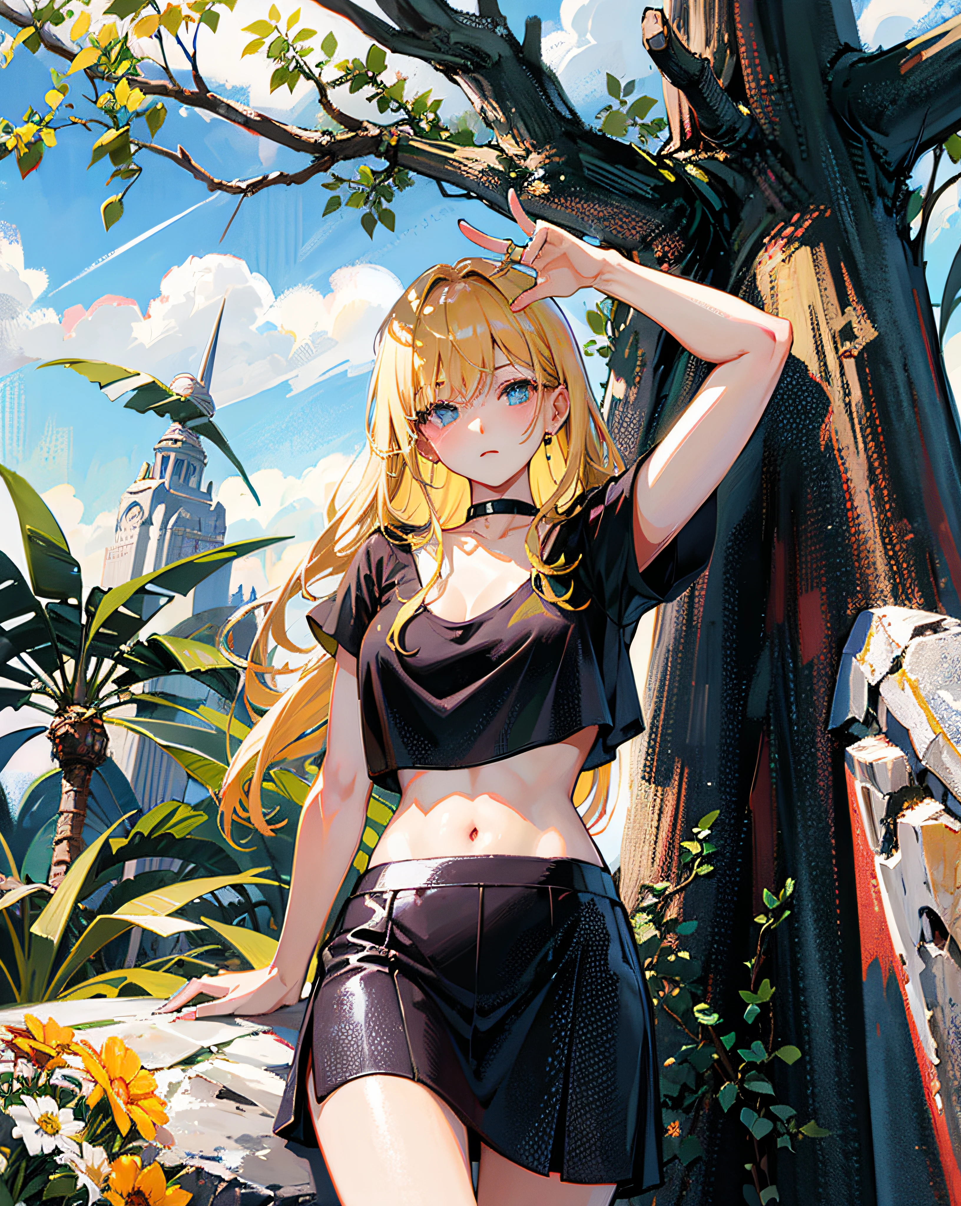 (Realistic painting style:1.0), Masterpiece, Best quality, absurderes, comic strip, illustration,
1 girl, Long hair, Cute girl, young and cute girl, Korean girl, {Breasts}, Hana,
A girl in a black dress sits on a rock next to a tree, wearing sexy cropped top, wearing crop top and miniskirt, Black top, wearing a black cropped tank top, Black skirt, a black choker,
Blonde, Blonde hair, blond hairbl,