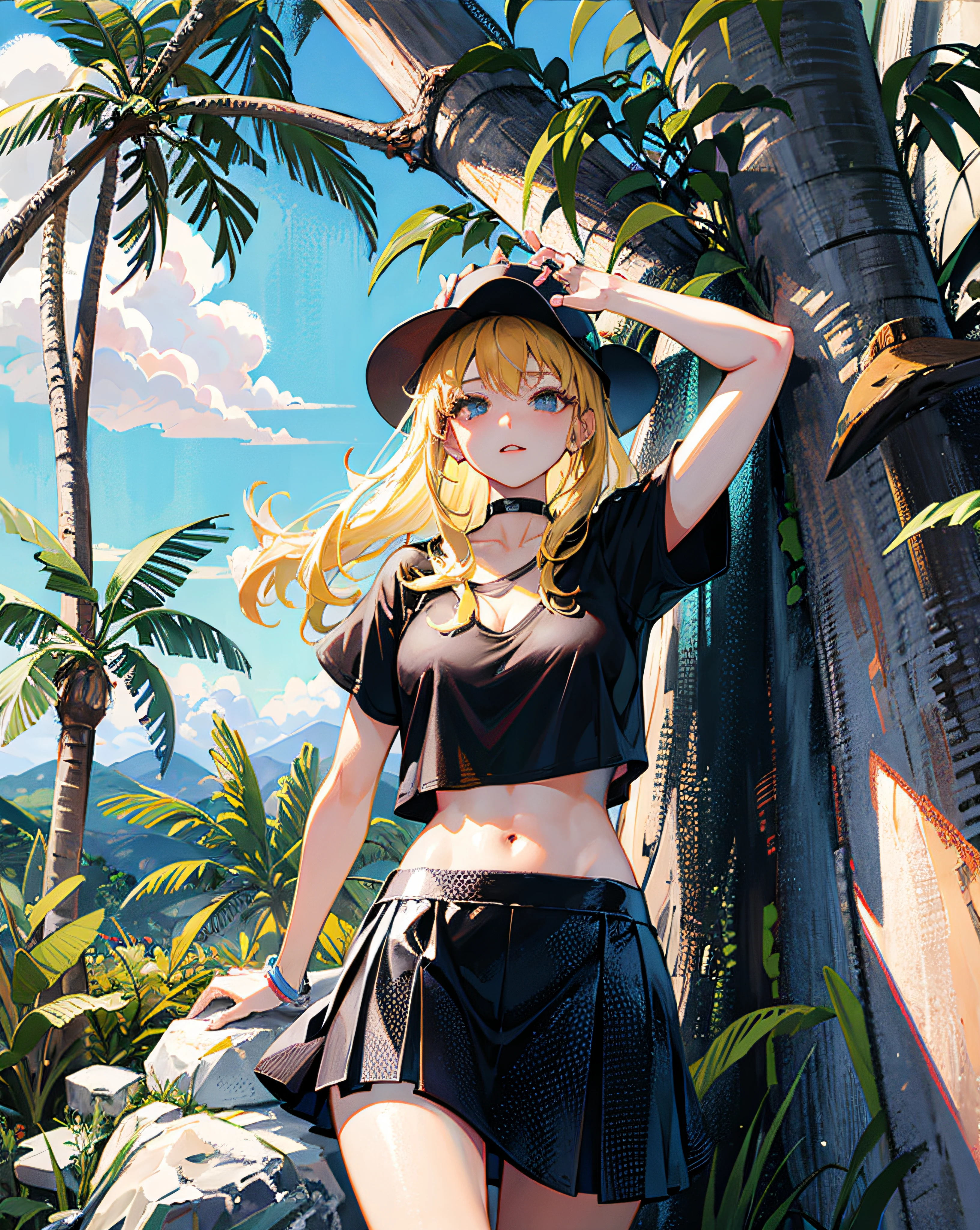 (Realistic painting style:1.0), Masterpiece, Best quality, absurderes, comic strip, illustration,
1 girl, Long hair, Cute girl, young and cute girl, Korean girl, {Breasts}, Hana, 
A girl in a black dress sits on a rock next to a tree, wearing sexy cropped top, wearing crop top and miniskirt, Black top, wearing a black cropped tank top, Black skirt, a black choker, 
Blonde, Blonde hair, blond hairbl,