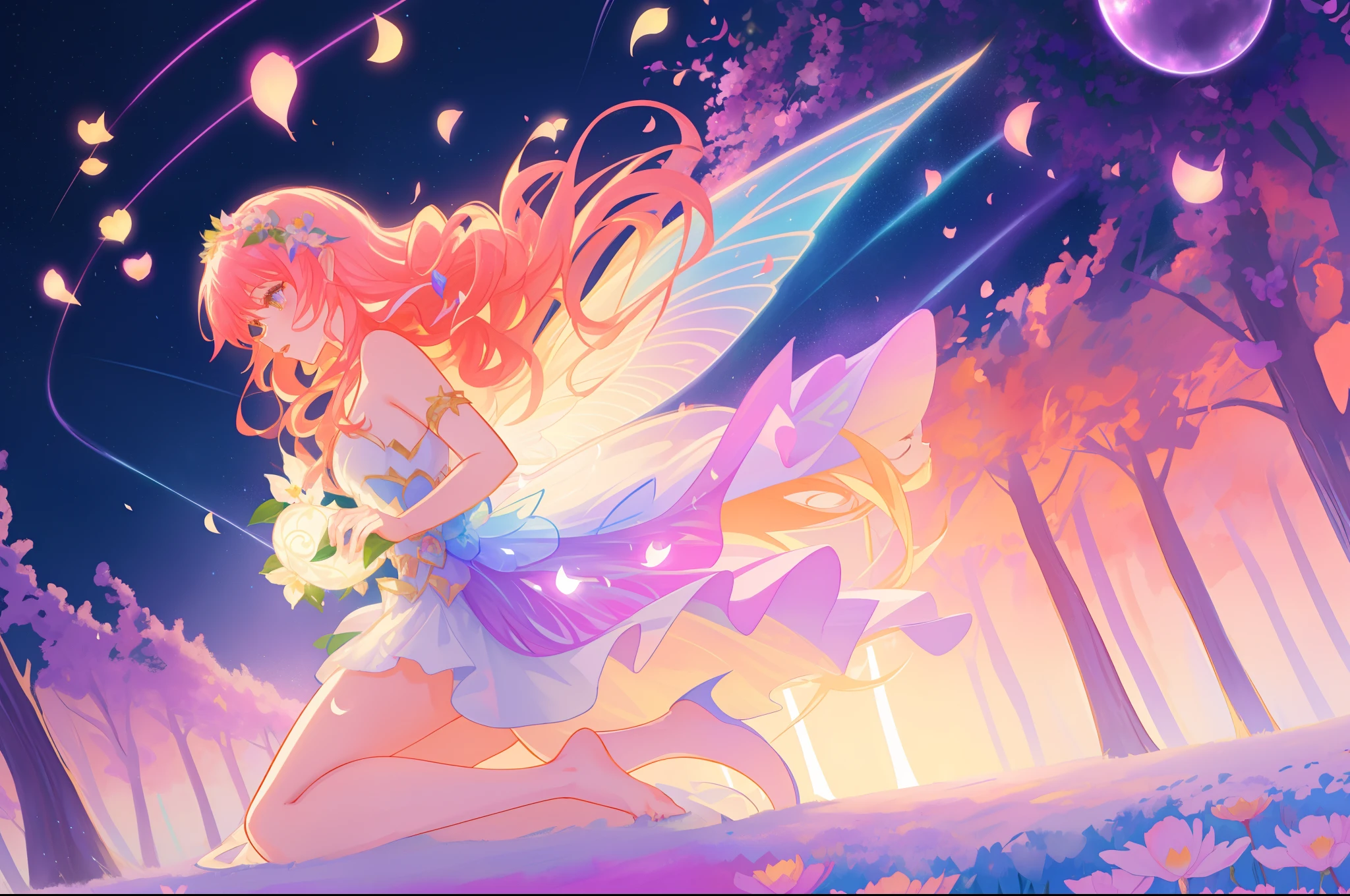 beautiful girl in fairy dress made of flower petals, beautiful fairy queen surrounded by colorful fairies, glowing tiny fairies, ((warm colors)), (glowing fairy wings), glowing flowing ballgown, long wavy hair, sparkling fairy wings, watercolor illustration, flowers and colorful plants, inspired by Glen Keane, inspired by Lois van Baarle, disney art style, by Lois van Baarle, glowing aura around her, by Glen Keane, jen bartel, glowing lights! digital painting, flowing glowing hair, glowing flowing hair, beautiful digital illustration, fantasia otherworldly landscape plants flowers, beautiful, masterpiece, best quality, anime disney style