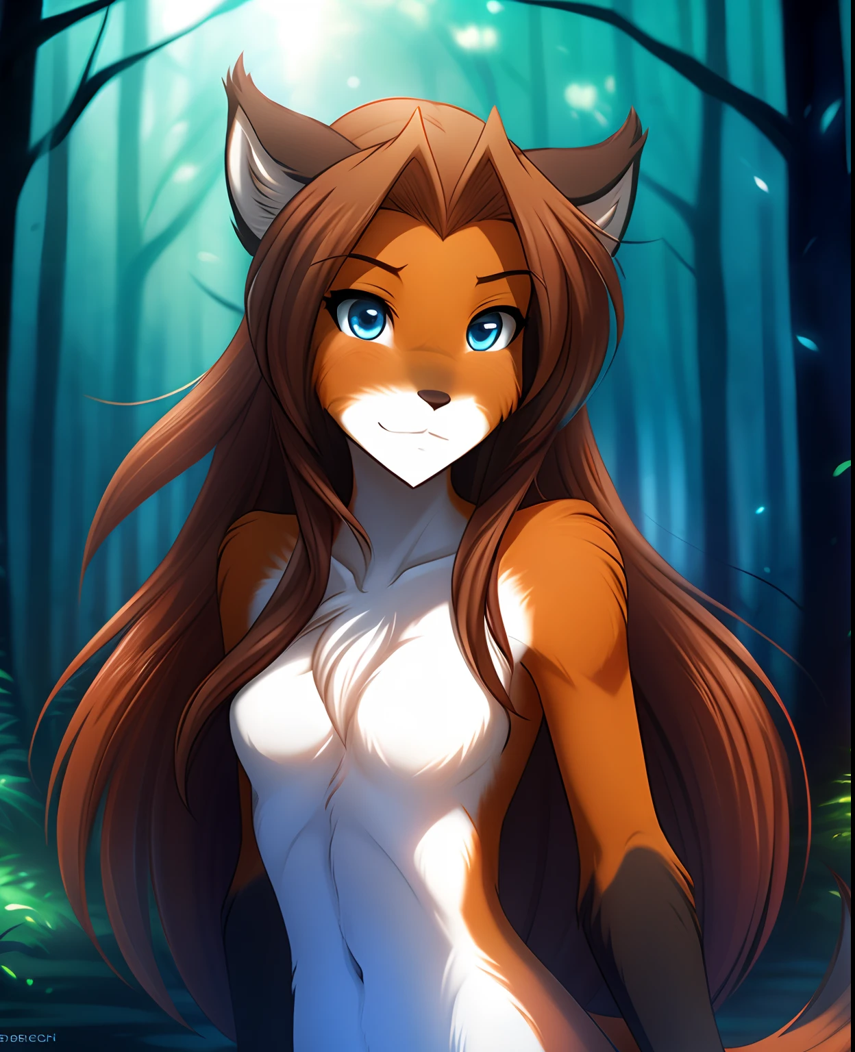 Laura, Keidran, twokinds, by tom_fischbach,, (best quality, masterpiece:1), solo, furry female anthro, blue eyes, long hair, reddish brown hair, portrait, fingers, finger claws, looking at viewer, fox tail, (outdoors dark forest trees blurry blurred background:1.1), featureless_breasts