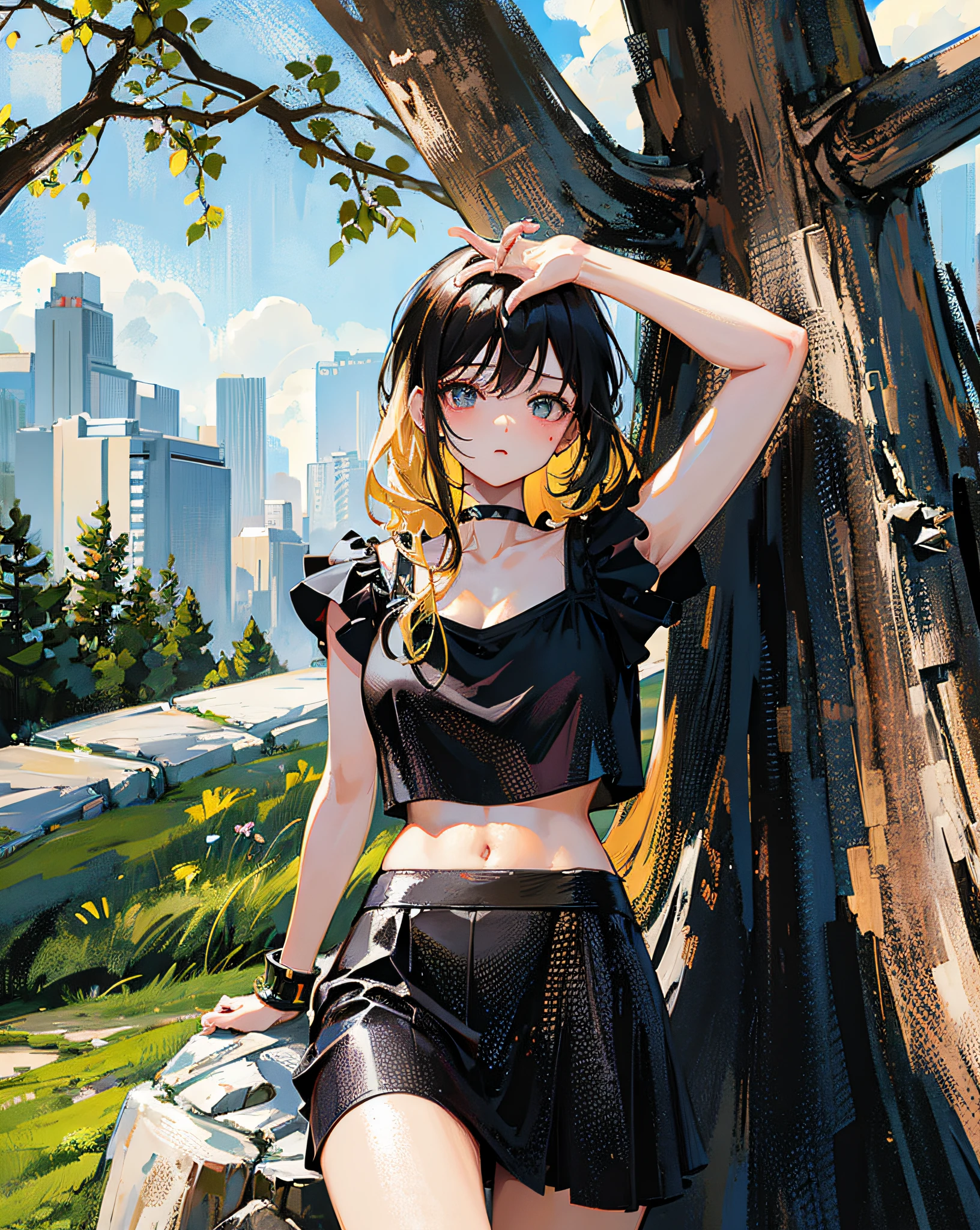 (Realistic painting style:1.0), Masterpiece, Best quality, absurderes, comic strip, illustration,
1 girl, Long hair, Cute girl, young and cute girl, Korean girl, {Breasts}, Hana,
A girl in a black dress sits on a rock next to a tree, wearing sexy cropped top, wearing crop top and miniskirt, Black top, wearing a black cropped tank top, Black skirt, a black choker,
Blonde, Blonde hair, blond hairbl,